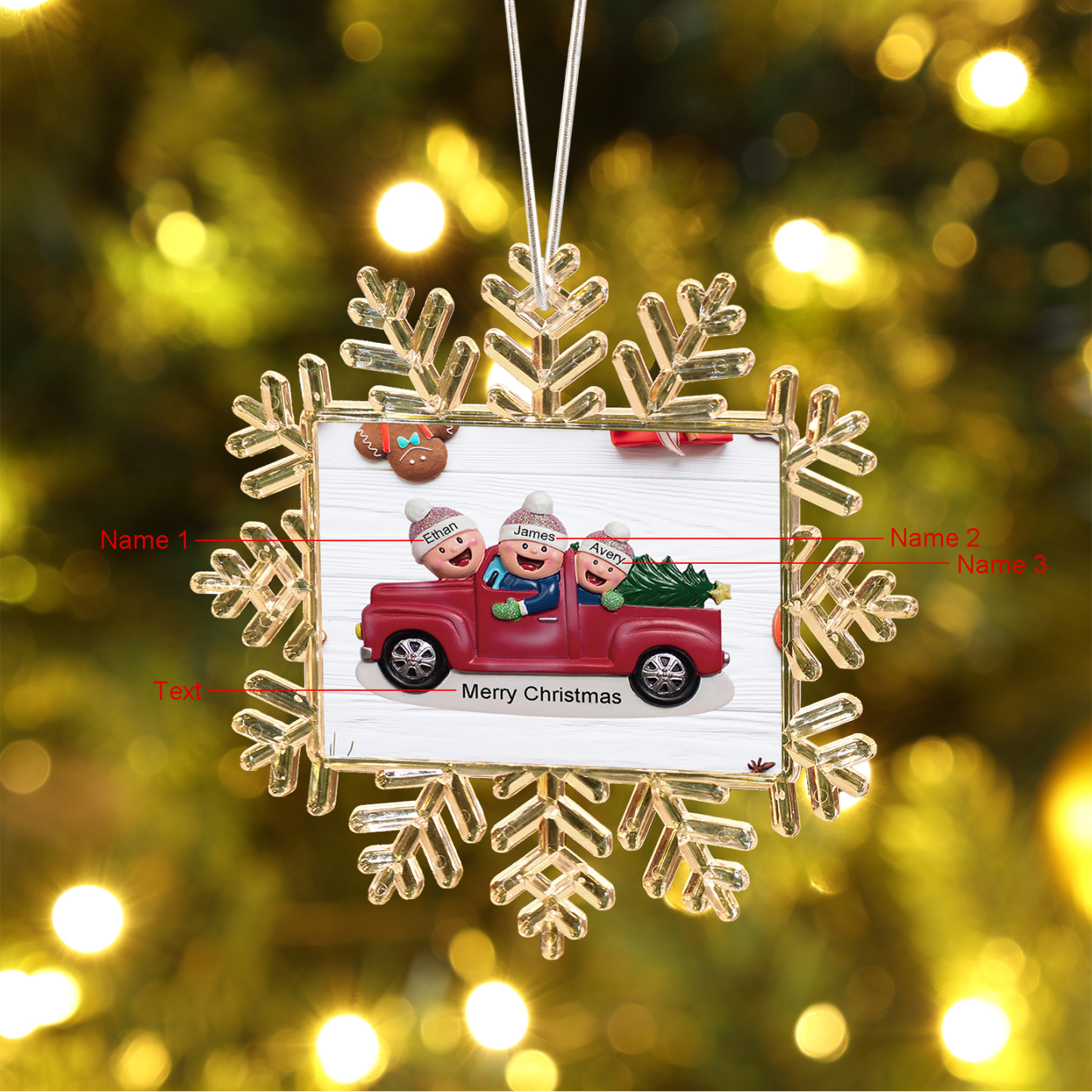 Decorazione Natalizia Personalizzata Fiocco di Neve con Camion Rosso e Albero di Natale – Personalizza con 3 Nomi e Testo – Un Regalo di Natale  per la Famiglia | Jessemade
