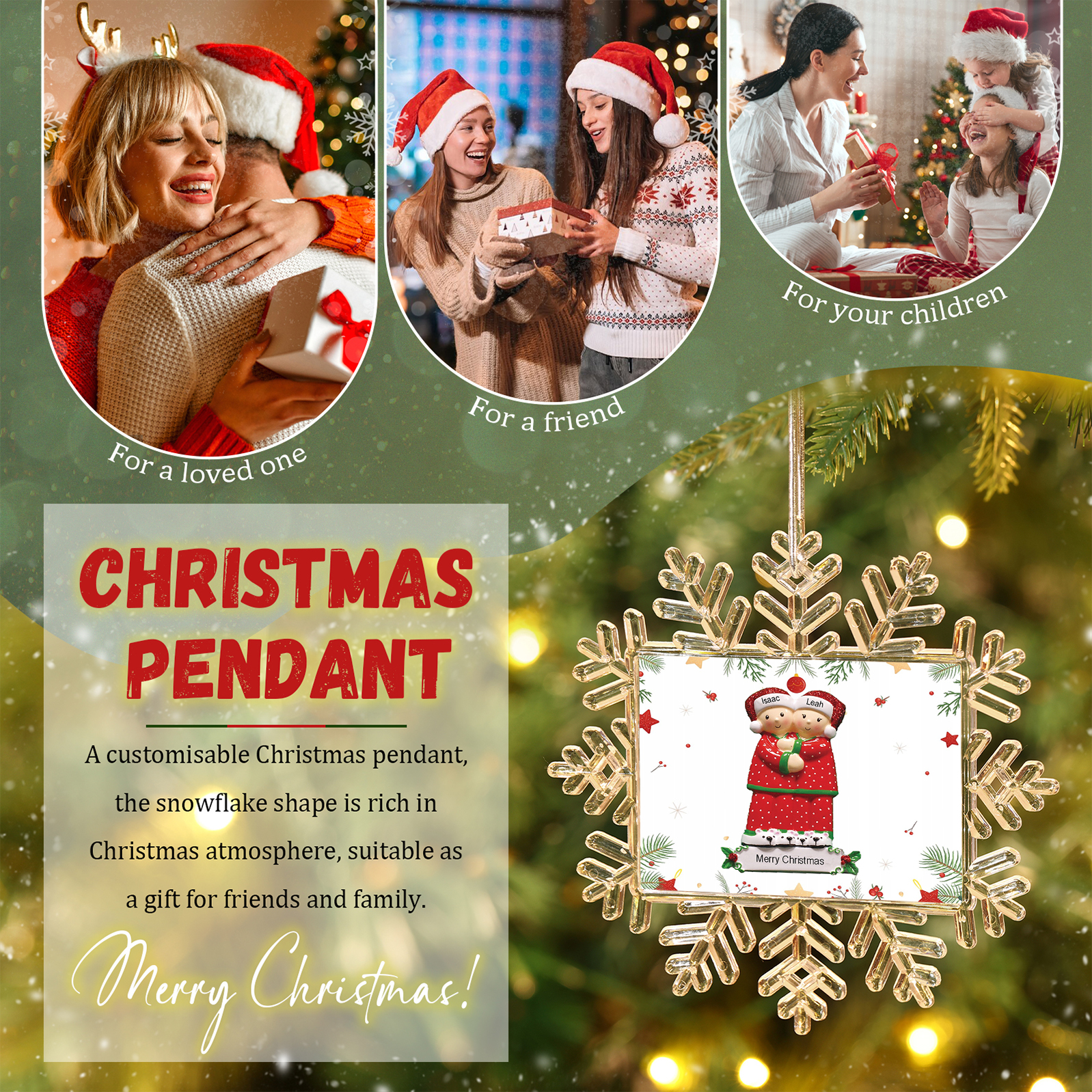 Decorazione Natalizio Personalizzato Fiocco di Neve con Coppia di Babbi Natale, Personalizzabile con 2 Nomi e Testo – Un Regalo di Natale per Lui o Lei | Jessemade