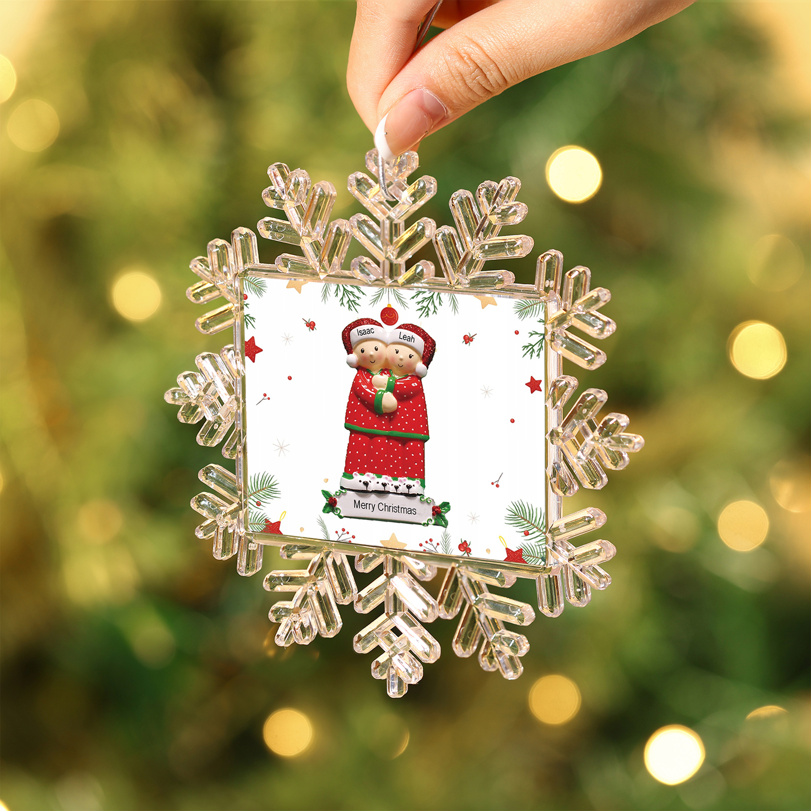 Decorazione Natalizio Personalizzato Fiocco di Neve con Coppia di Babbi Natale, Personalizzabile con 2 Nomi e Testo – Un Regalo di Natale per Lui o Lei | Jessemade