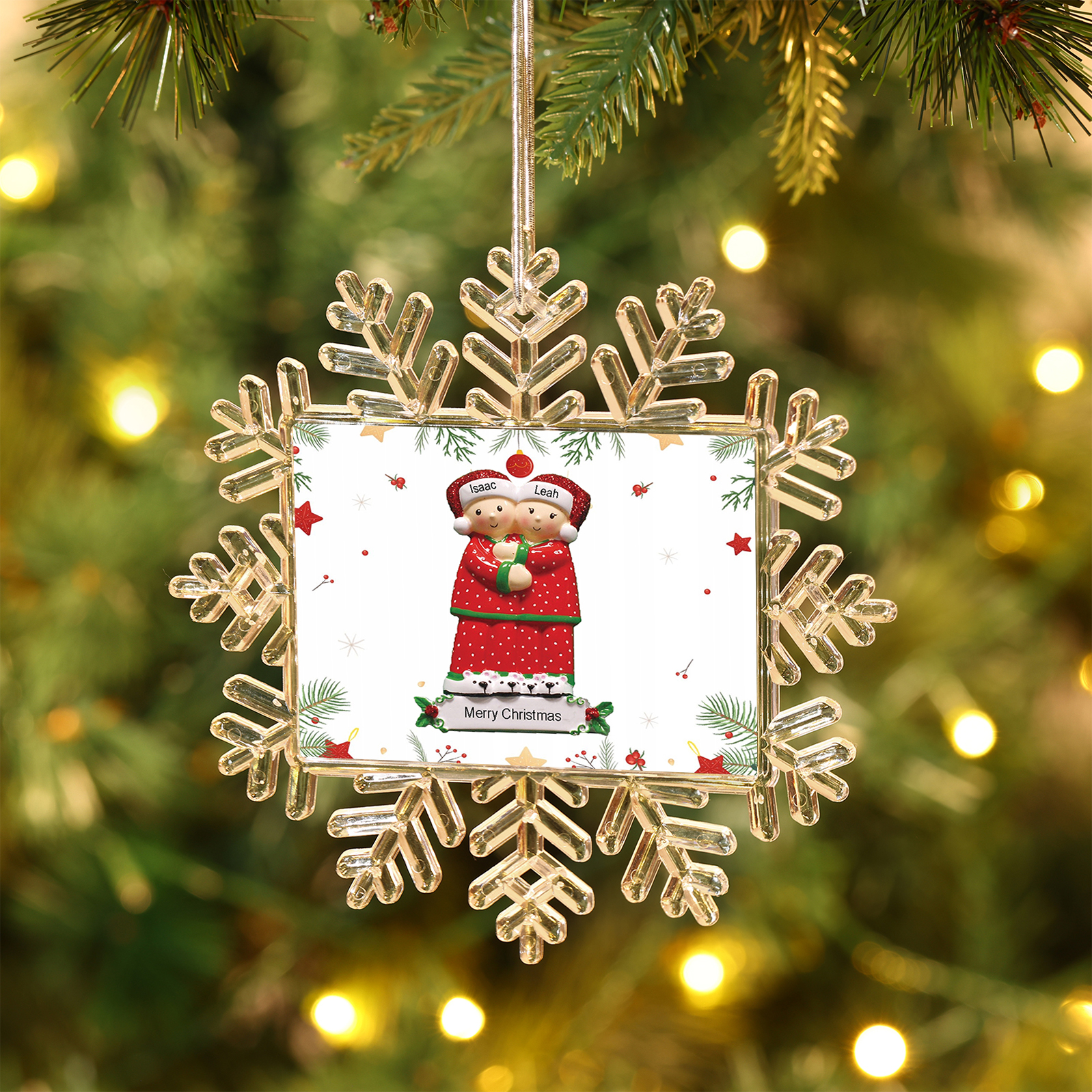 Decorazione Natalizio Personalizzato Fiocco di Neve con Coppia di Babbi Natale, Personalizzabile con 2 Nomi e Testo – Un Regalo di Natale per Lui o Lei | Jessemade