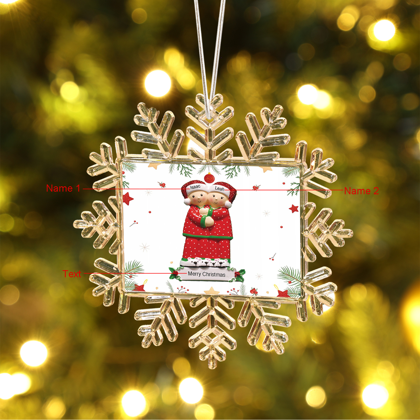 Decorazione Natalizio Personalizzato Fiocco di Neve con Coppia di Babbi Natale, Personalizzabile con 2 Nomi e Testo – Un Regalo di Natale per Lui o Lei | Jessemade