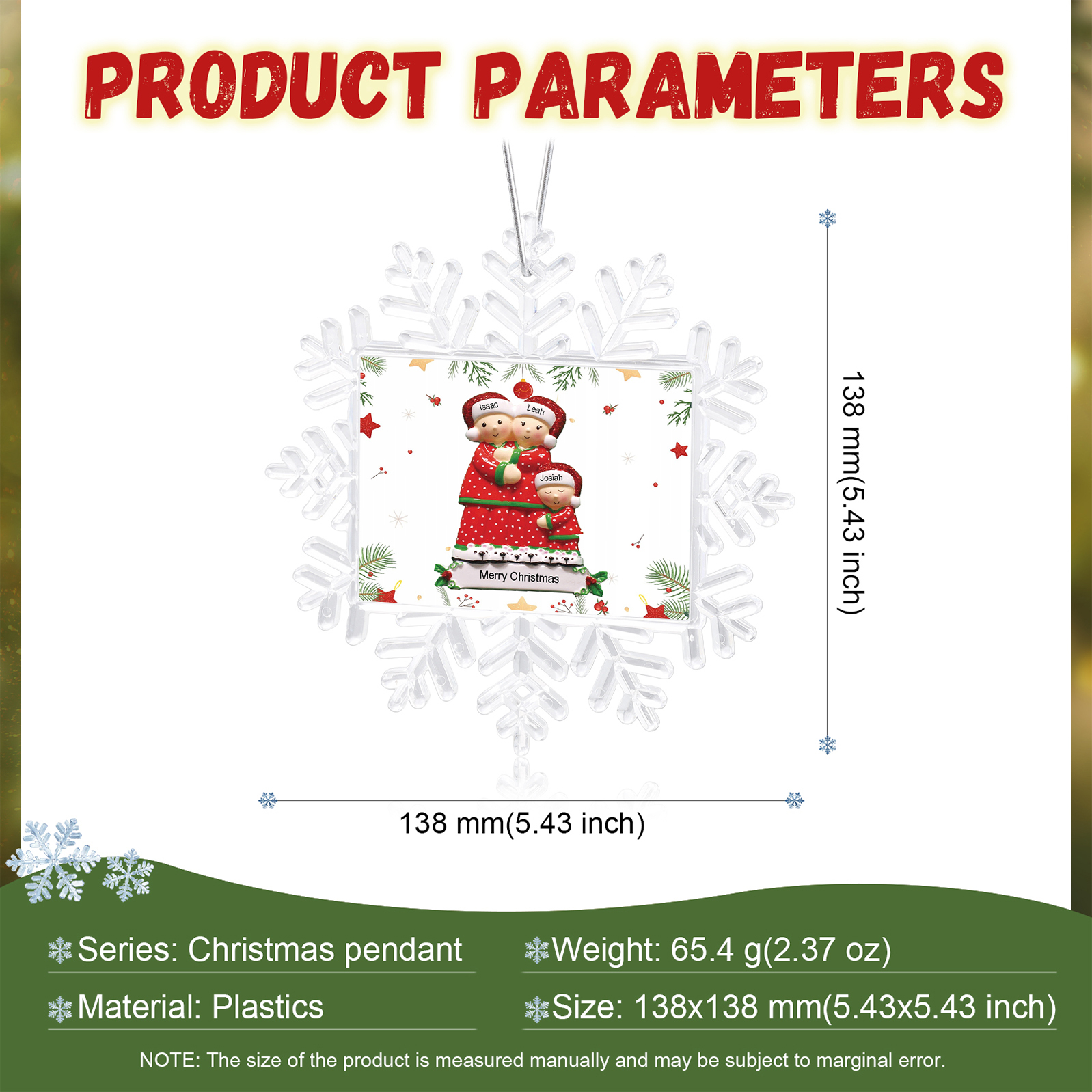 Ornamento Natalizio Personalizzato in Plastica a Forma di Fiocco di Neve e Figura Familiare - 3 Nomi e Testo Personalizzati, Regalo di Natale per Famiglia | Jessemade