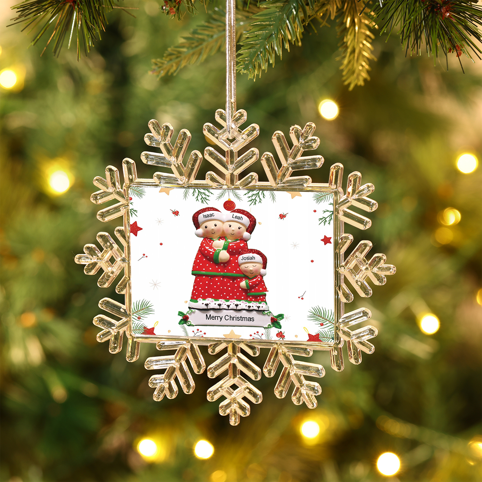 Ornamento Natalizio Personalizzato in Plastica a Forma di Fiocco di Neve e Figura Familiare - 3 Nomi e Testo Personalizzati, Regalo di Natale per Famiglia | Jessemade