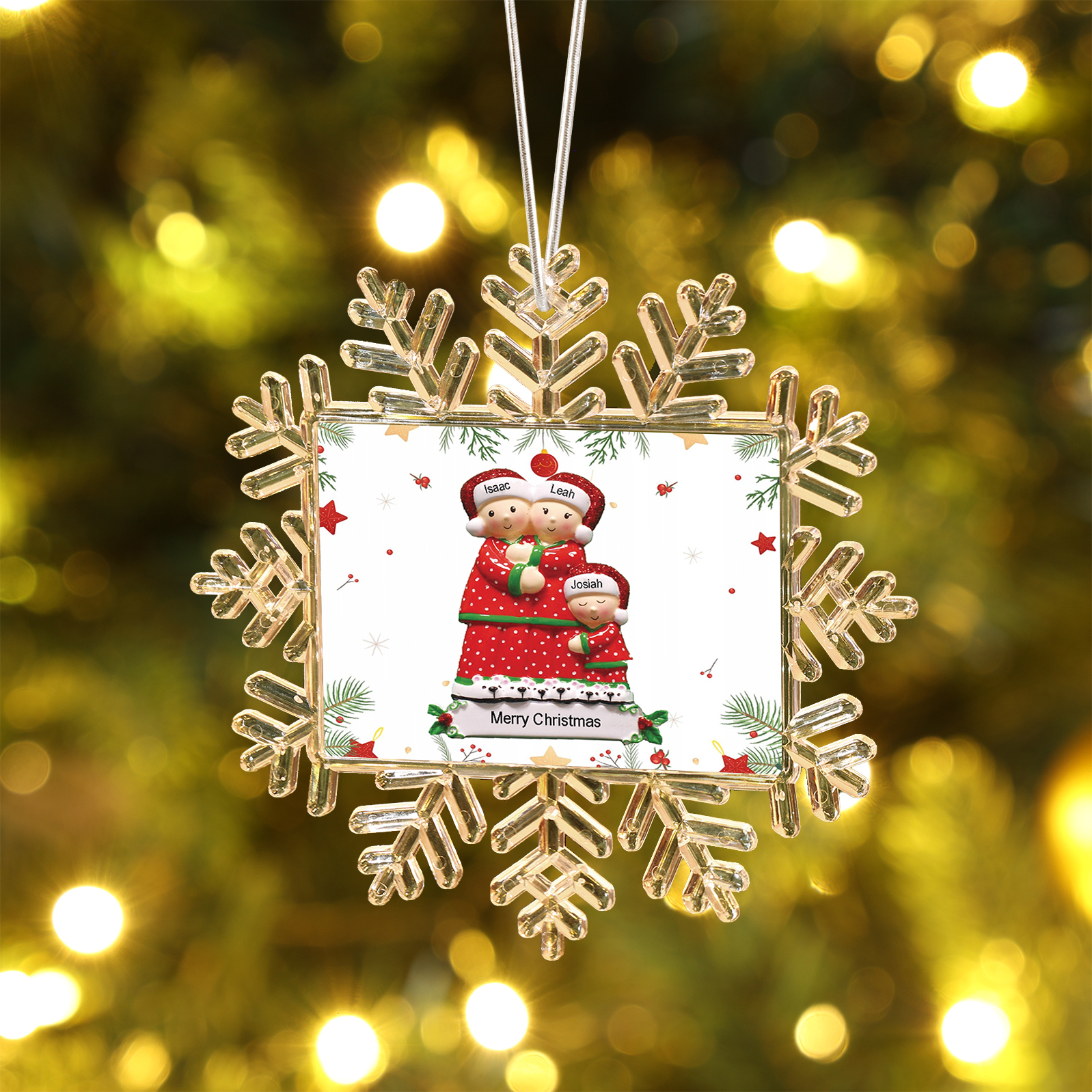 Ornamento Natalizio Personalizzato in Plastica a Forma di Fiocco di Neve e Figura Familiare - 3 Nomi e Testo Personalizzati, Regalo di Natale per Famiglia | Jessemade