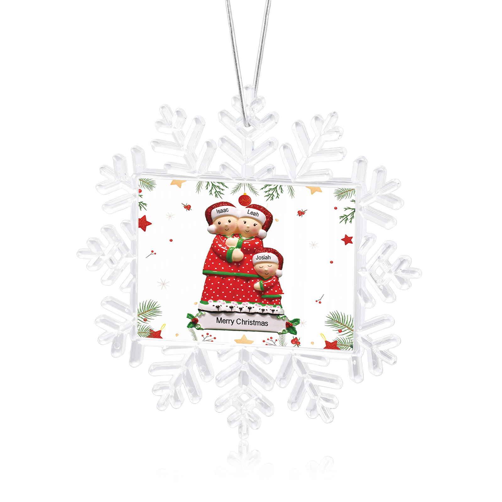 Ornamento Natalizio Personalizzato in Plastica a Forma di Fiocco di Neve e Figura Familiare - 3 Nomi e Testo Personalizzati, Regalo di Natale per Famiglia | Jessemade