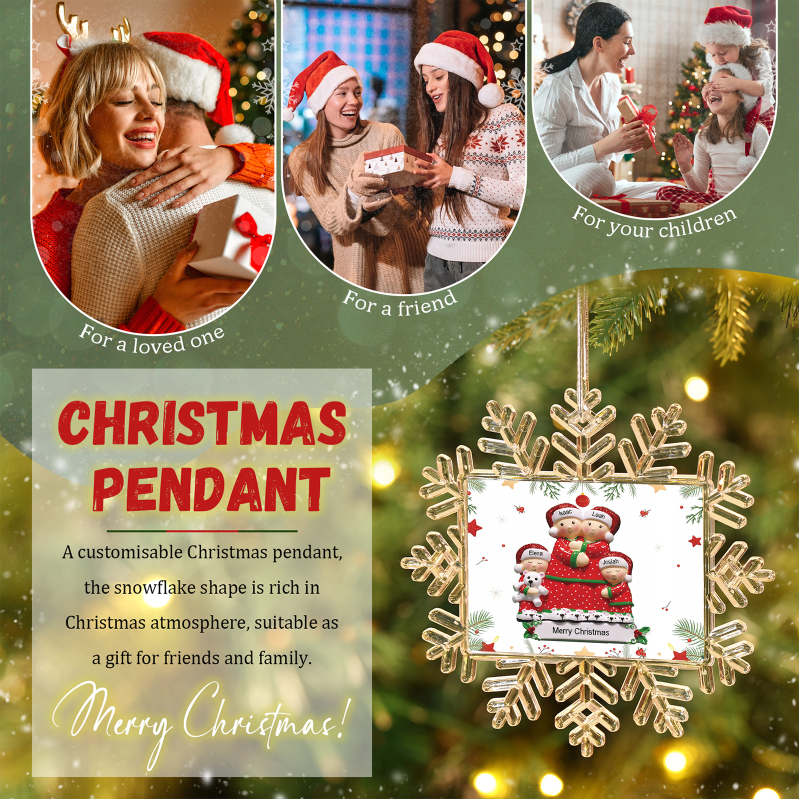 Ornamento Natalizio Personalizzato in Plastica a Forma di Fiocco di Neve e Figura Familiare - 4 Nomi e Testo Personalizzati, Regalo di Natale per Famiglia | Jessemade