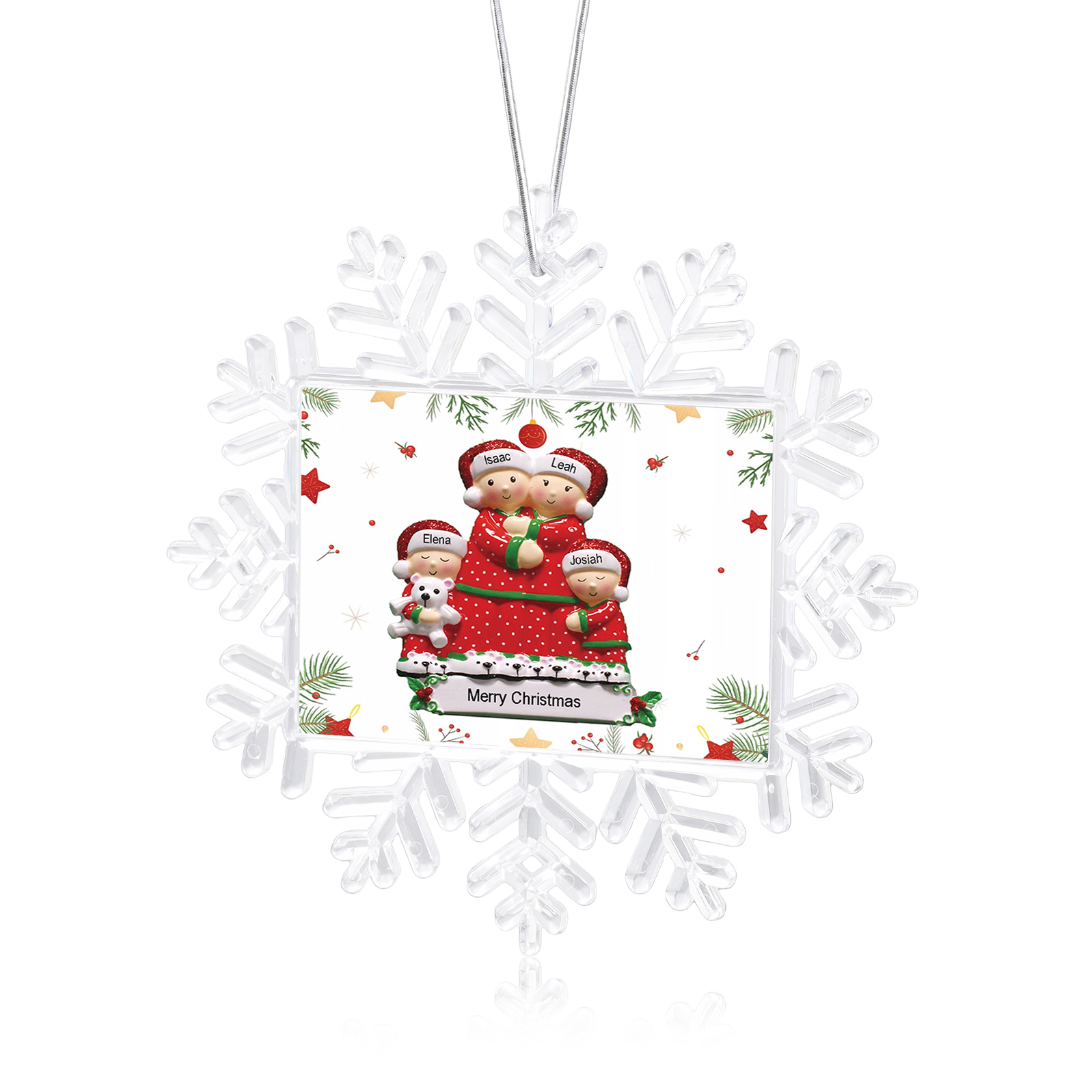 Ornamento Natalizio Personalizzato in Plastica a Forma di Fiocco di Neve e Figura Familiare - 4 Nomi e Testo Personalizzati, Regalo di Natale per Famiglia | Jessemade