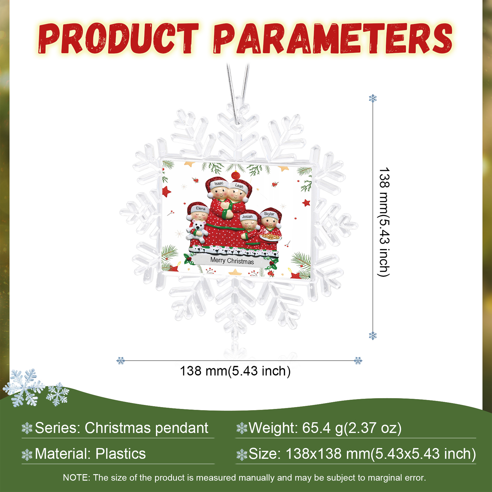 Ornamento Natalizio Personalizzato in Plastica a Forma di Fiocco di Neve e Figura Familiare - 5 Nomi e Testo Personalizzati, Regalo di Natale per Famiglia | Jessemade