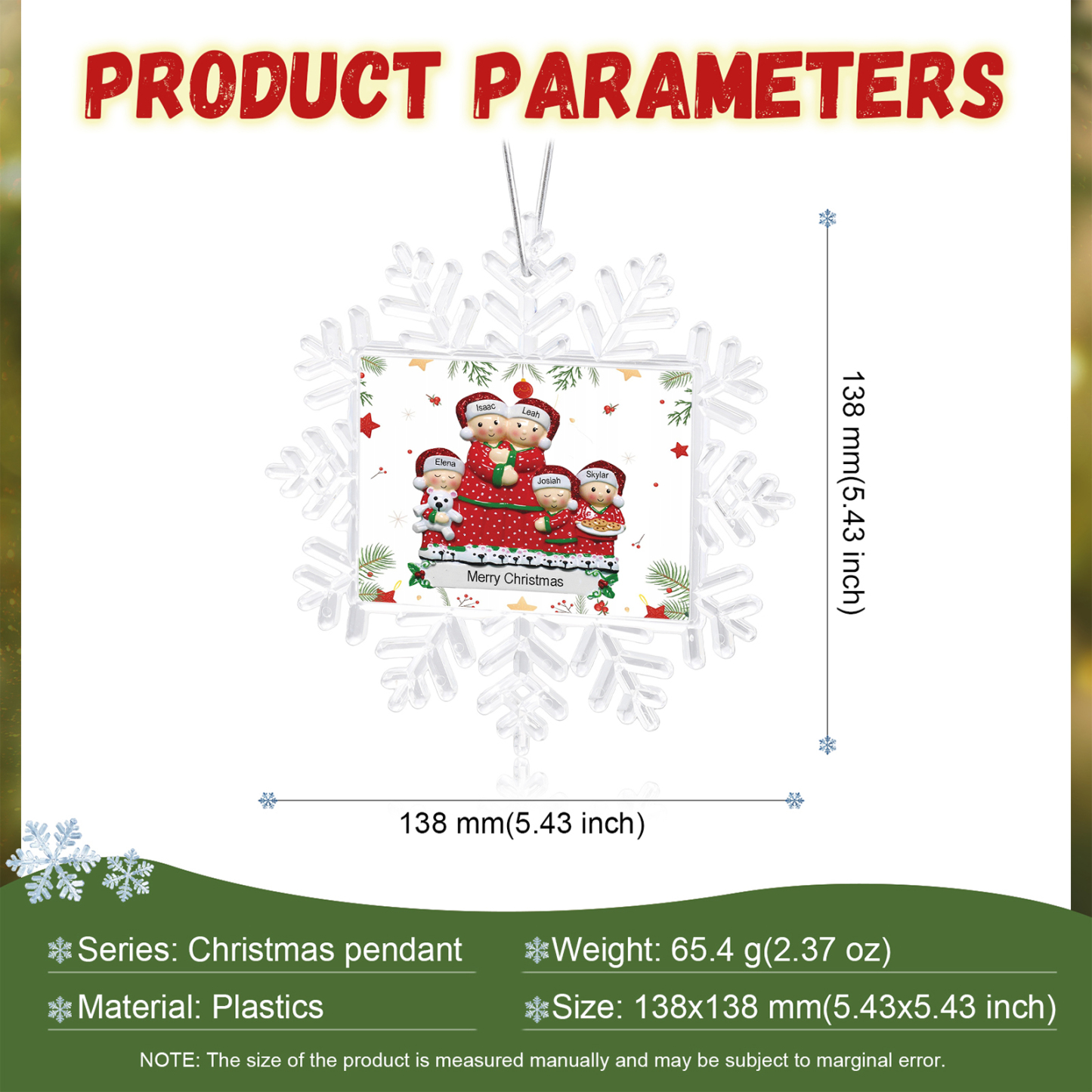Ornamento Natalizio Personalizzato in Plastica a Forma di Fiocco di Neve e Figura Familiare - 5 Nomi e Testo Personalizzati, Regalo di Natale per Famiglia | Jessemade