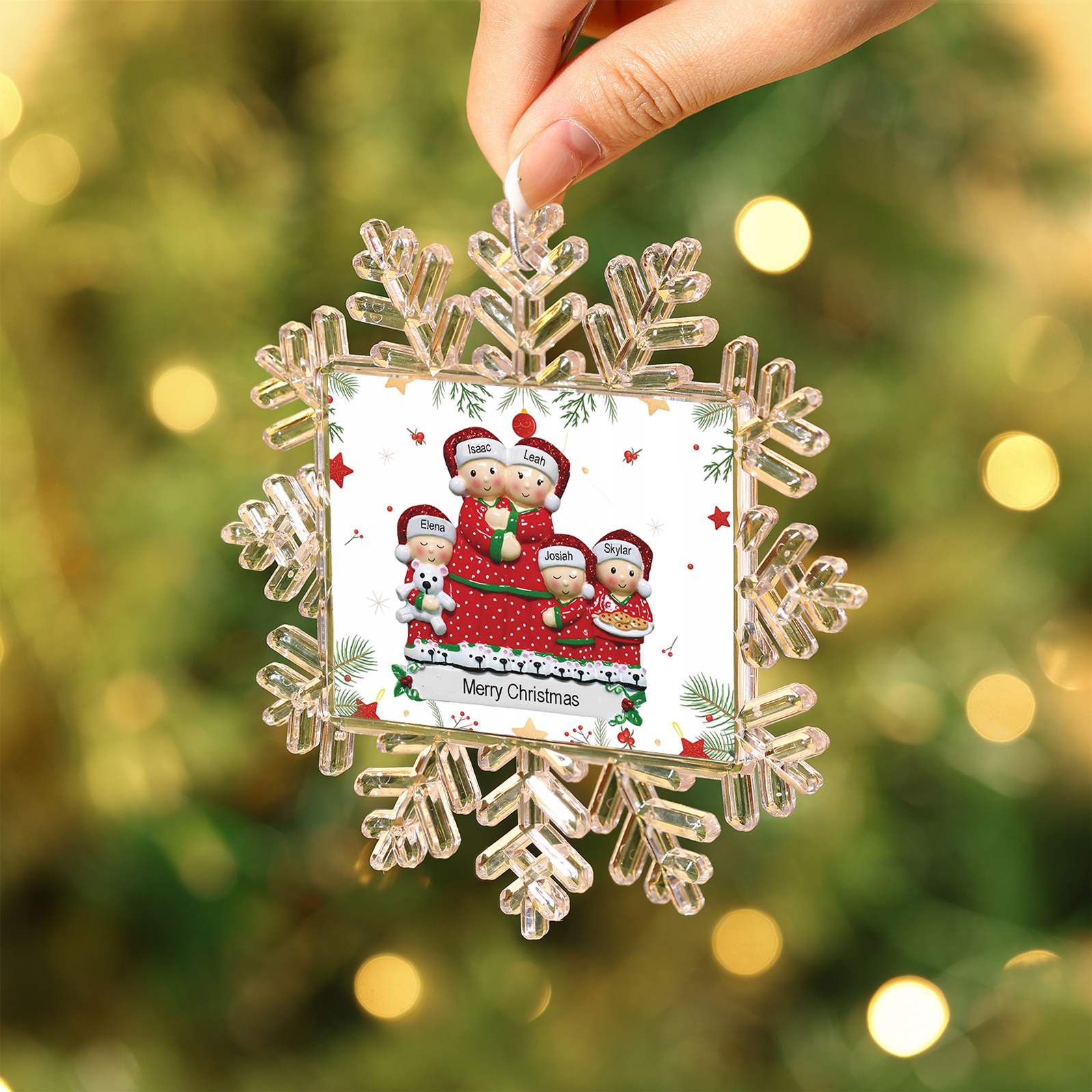 Ornamento Natalizio Personalizzato in Plastica a Forma di Fiocco di Neve e Figura Familiare - 5 Nomi e Testo Personalizzati, Regalo di Natale per Famiglia | Jessemade