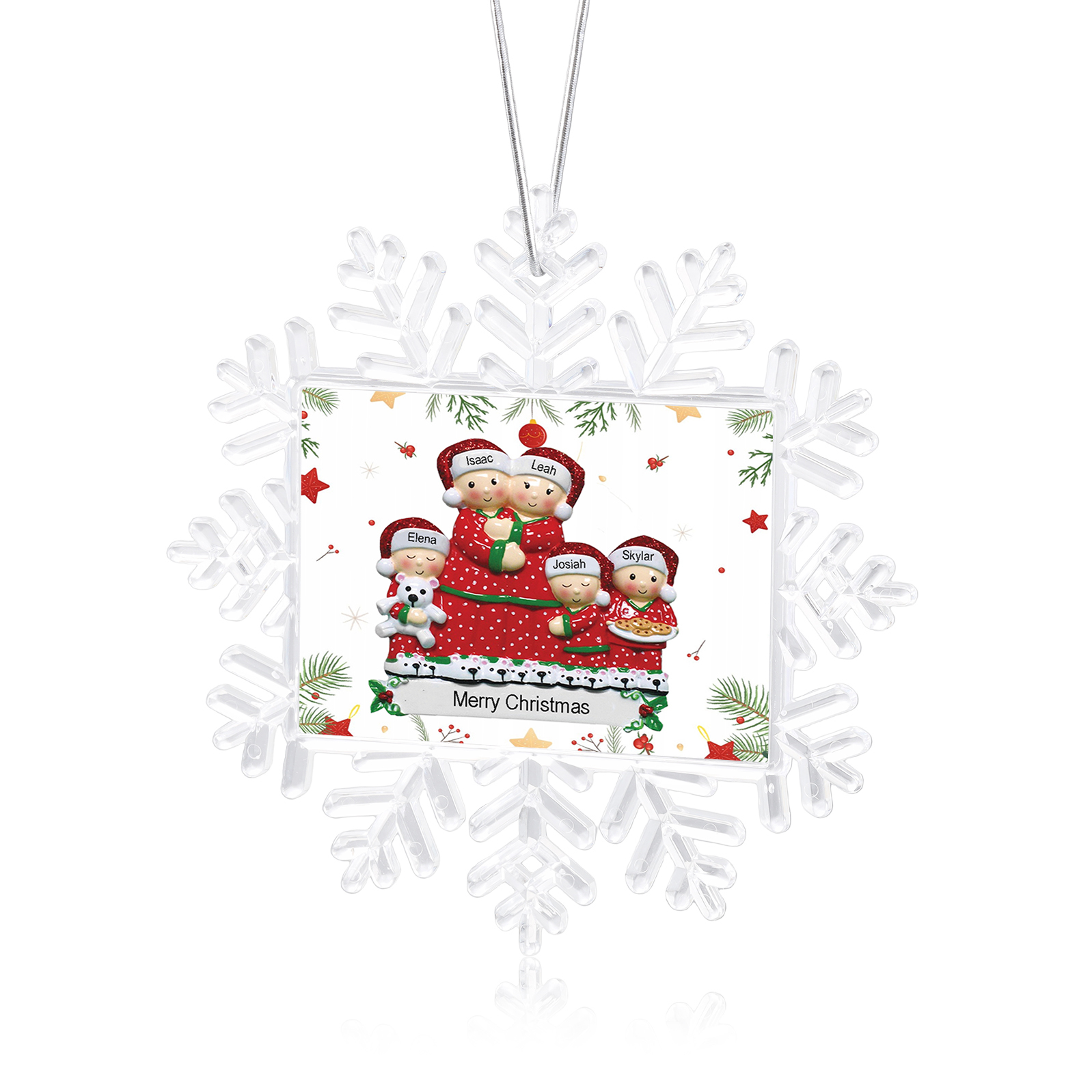 Ornamento Natalizio Personalizzato in Plastica a Forma di Fiocco di Neve e Figura Familiare - 5 Nomi e Testo Personalizzati, Regalo di Natale per Famiglia | Jessemade