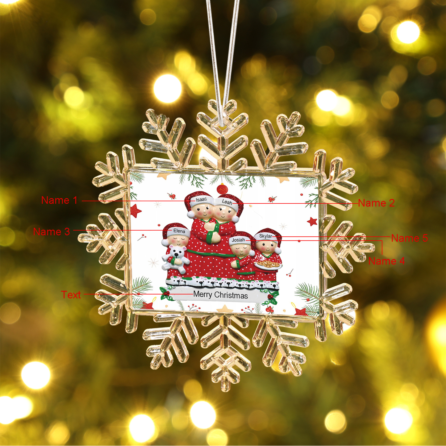 Ornamento Natalizio Personalizzato in Plastica a Forma di Fiocco di Neve e Figura Familiare - 5 Nomi e Testo Personalizzati, Regalo di Natale per Famiglia | Jessemade