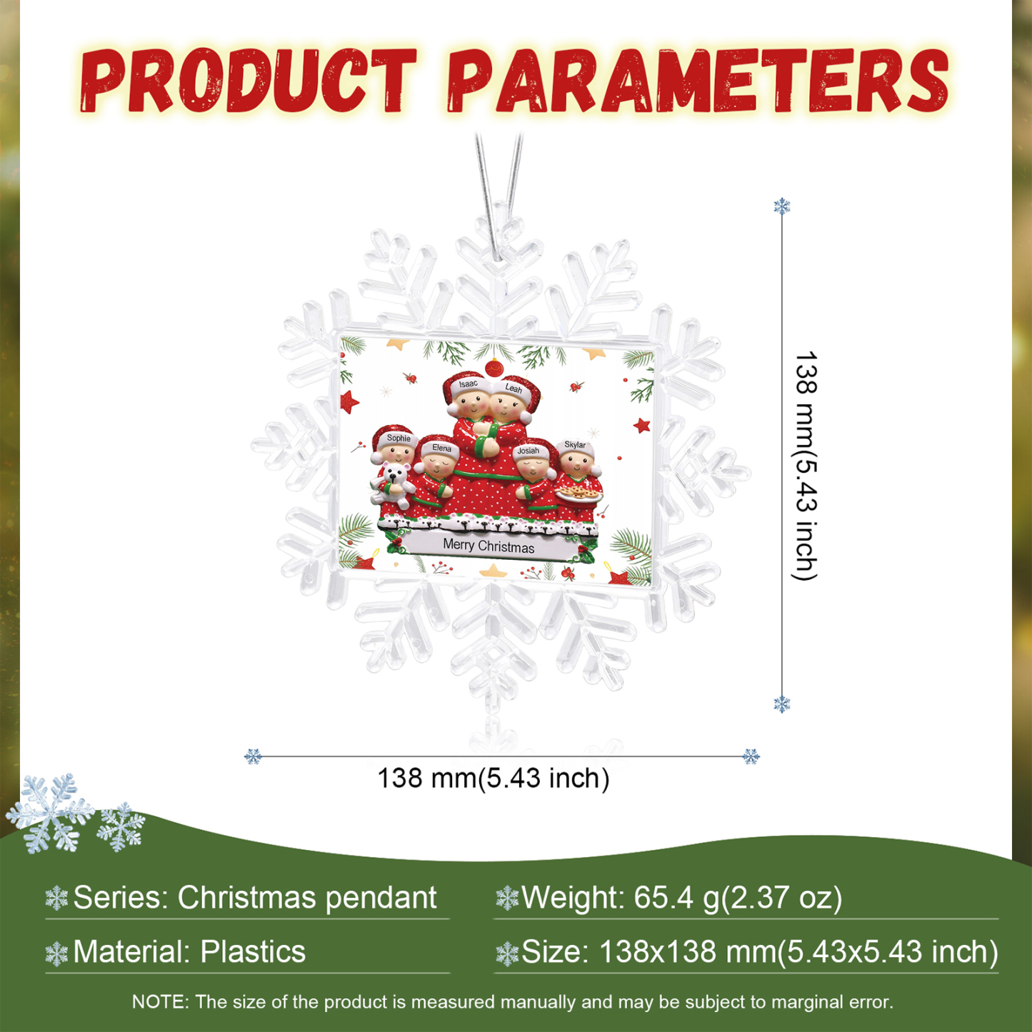 Ornamento Natalizio Personalizzato in Plastica a Forma di Fiocco di Neve e Figura Familiare - 6 Nomi e Testo Personalizzati, Regalo di Natale per Famiglia | Jessemade