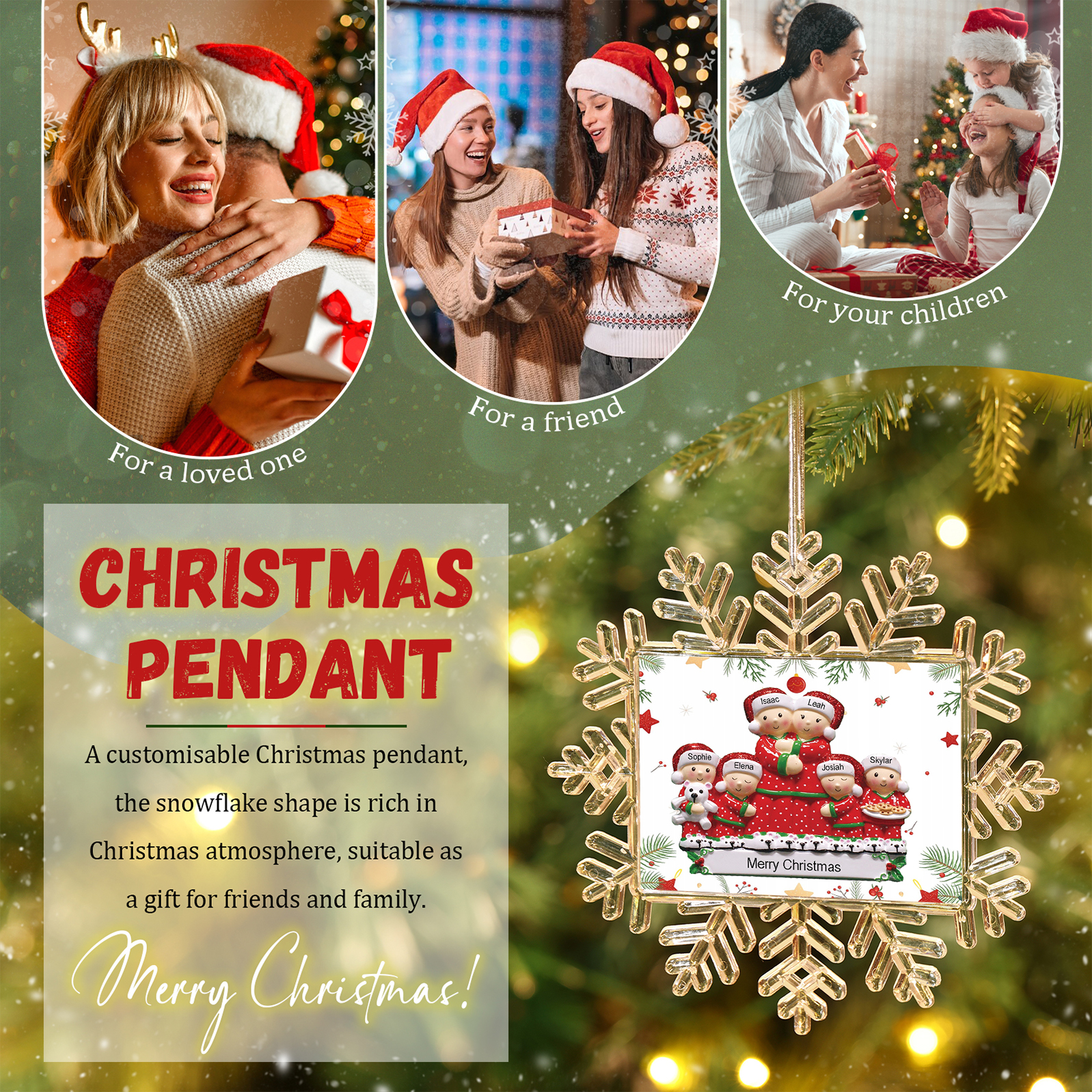 Ornamento Natalizio Personalizzato in Plastica a Forma di Fiocco di Neve e Figura Familiare - 6 Nomi e Testo Personalizzati, Regalo di Natale per Famiglia | Jessemade