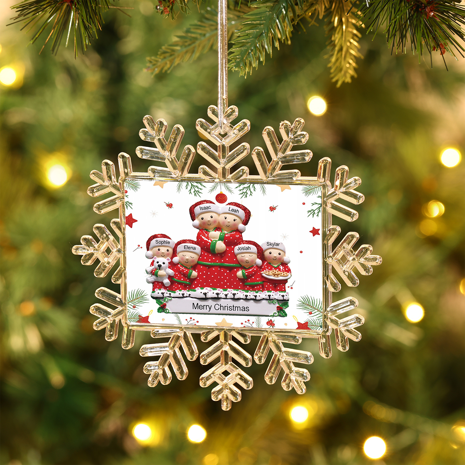 Ornamento Natalizio Personalizzato in Plastica a Forma di Fiocco di Neve e Figura Familiare - 6 Nomi e Testo Personalizzati, Regalo di Natale per Famiglia | Jessemade