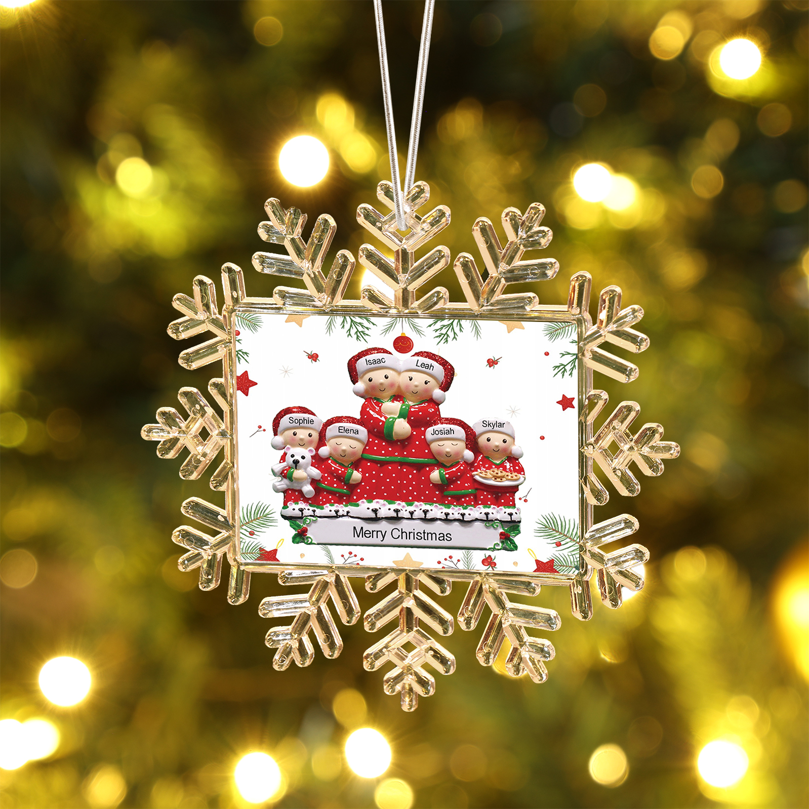 Ornamento Natalizio Personalizzato in Plastica a Forma di Fiocco di Neve e Figura Familiare - 6 Nomi e Testo Personalizzati, Regalo di Natale per Famiglia | Jessemade