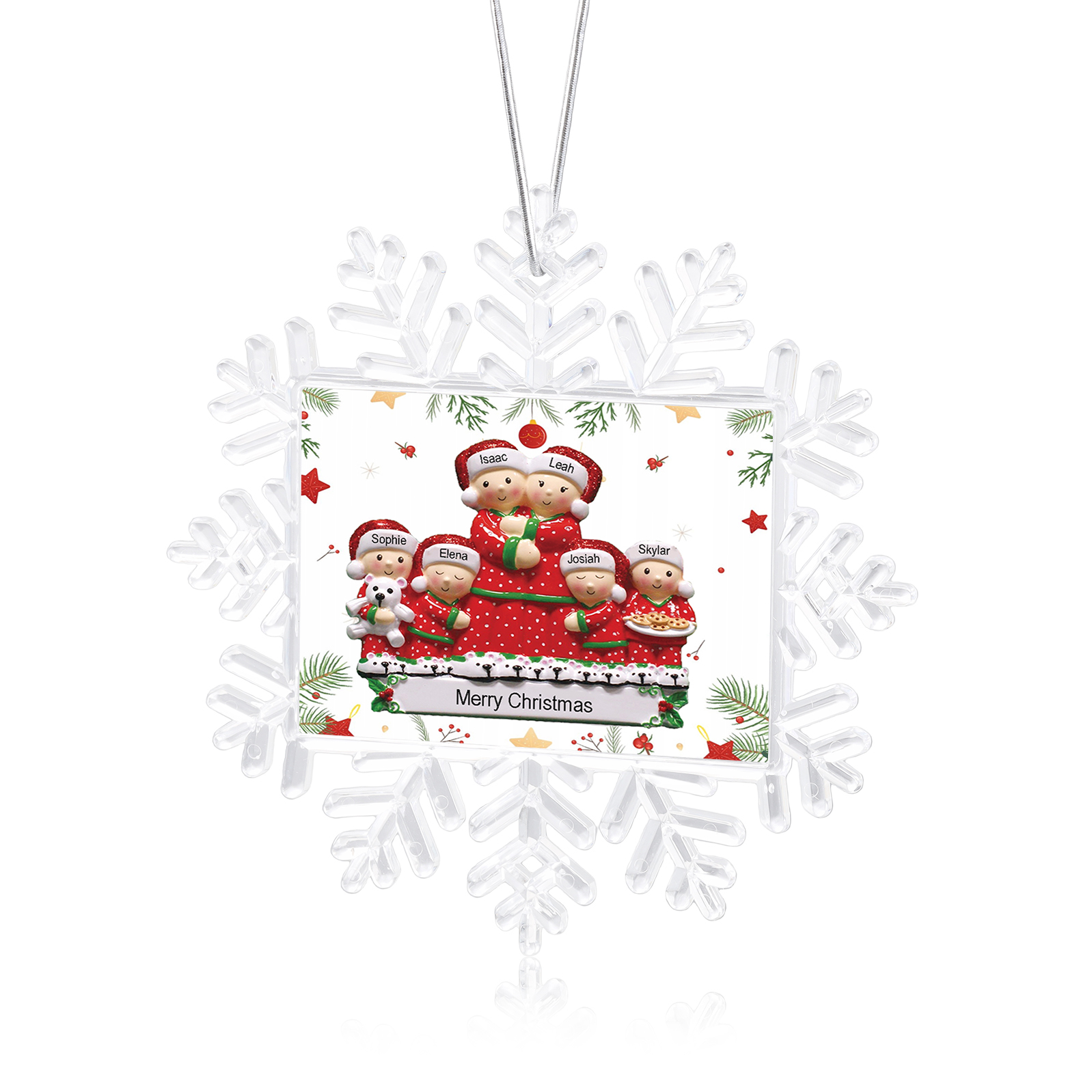 Ornamento Natalizio Personalizzato in Plastica a Forma di Fiocco di Neve e Figura Familiare - 6 Nomi e Testo Personalizzati, Regalo di Natale per Famiglia | Jessemade