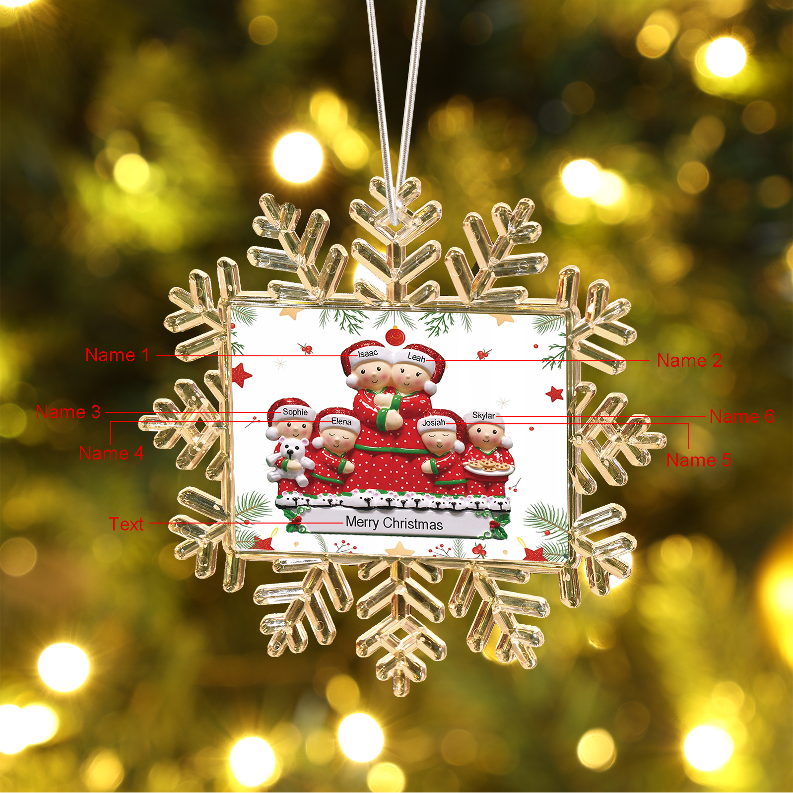 Ornamento Natalizio Personalizzato in Plastica a Forma di Fiocco di Neve e Figura Familiare - 6 Nomi e Testo Personalizzati, Regalo di Natale per Famiglia | Jessemade