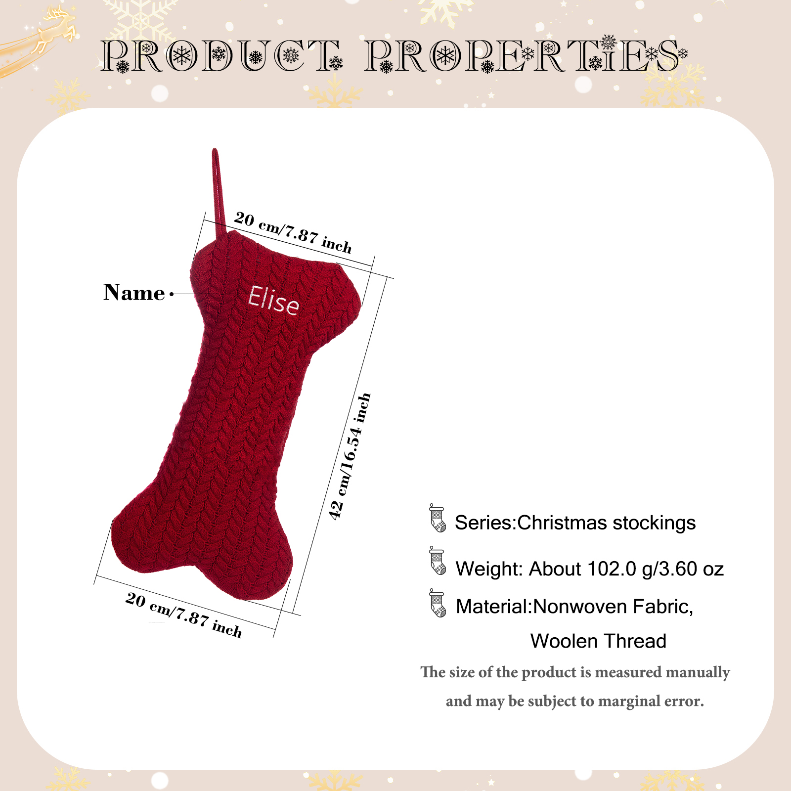 Decorazione Natalizia Personalizzata - Calza di Natale in Tessuto Lavorato a Maglia, Forma di Osso, 3 Colori - Personalizzabile con 1 Nome - Regalo di Natale per Famiglia | Jessemade