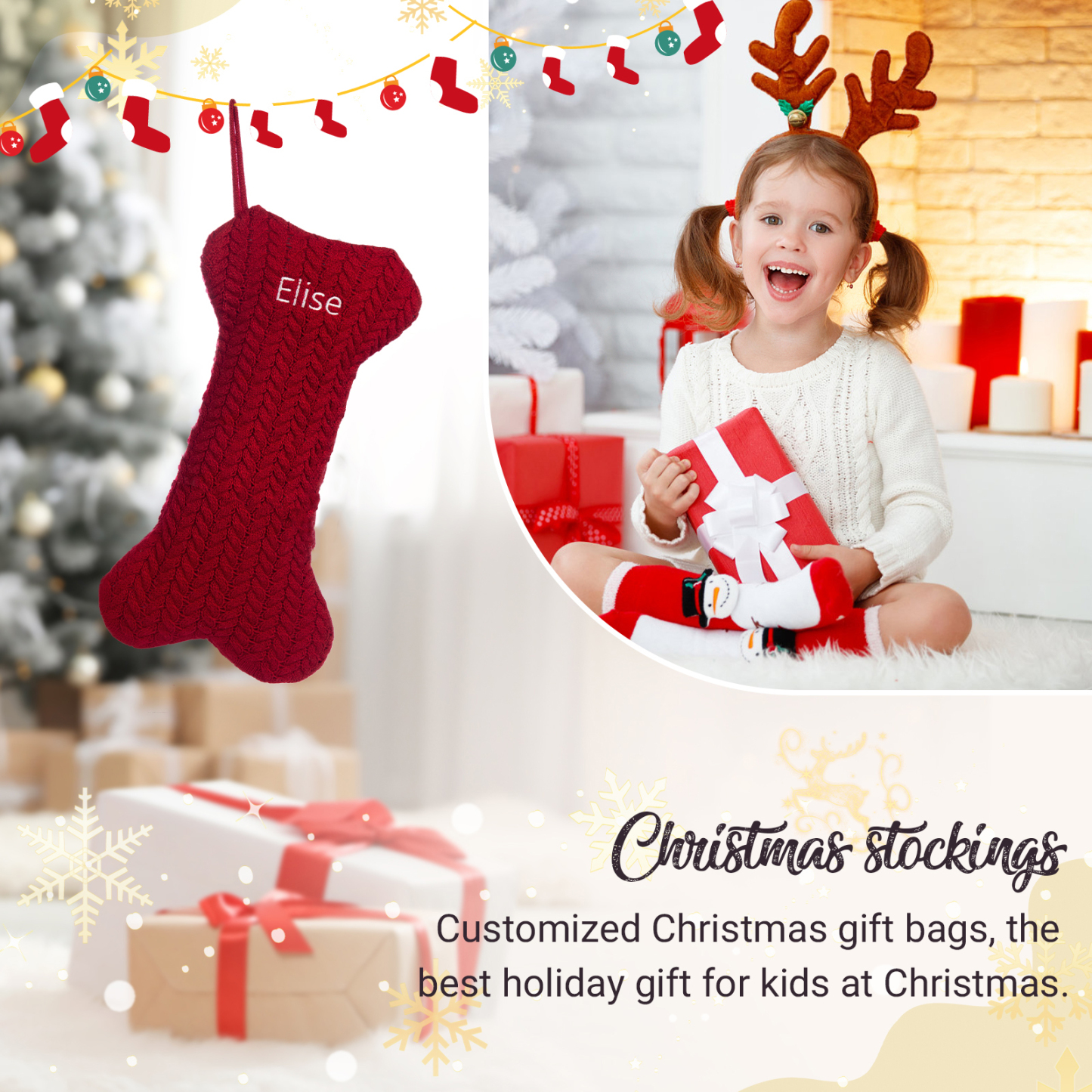 Decorazione Natalizia Personalizzata - Calza di Natale in Tessuto Lavorato a Maglia, Forma di Osso, 3 Colori - Personalizzabile con 1 Nome - Regalo di Natale per Famiglia | Jessemade
