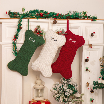 Decorazione Natalizia Personalizzata - Calza di Natale in Tessuto Lavorato a Maglia, Forma di Osso, 3 Colori - Personalizzabile con 1 Nome - Regalo di Natale per Famiglia | Jessemade