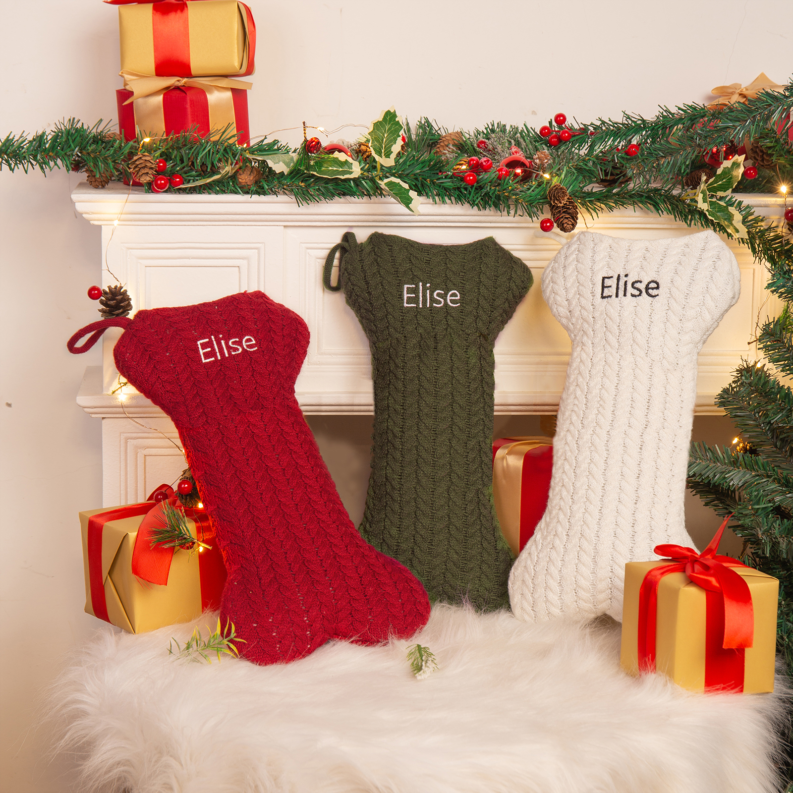 Decorazione Natalizia Personalizzata - Calza di Natale in Tessuto Lavorato a Maglia, Forma di Osso, 3 Colori - Personalizzabile con 1 Nome - Regalo di Natale per Famiglia | Jessemade