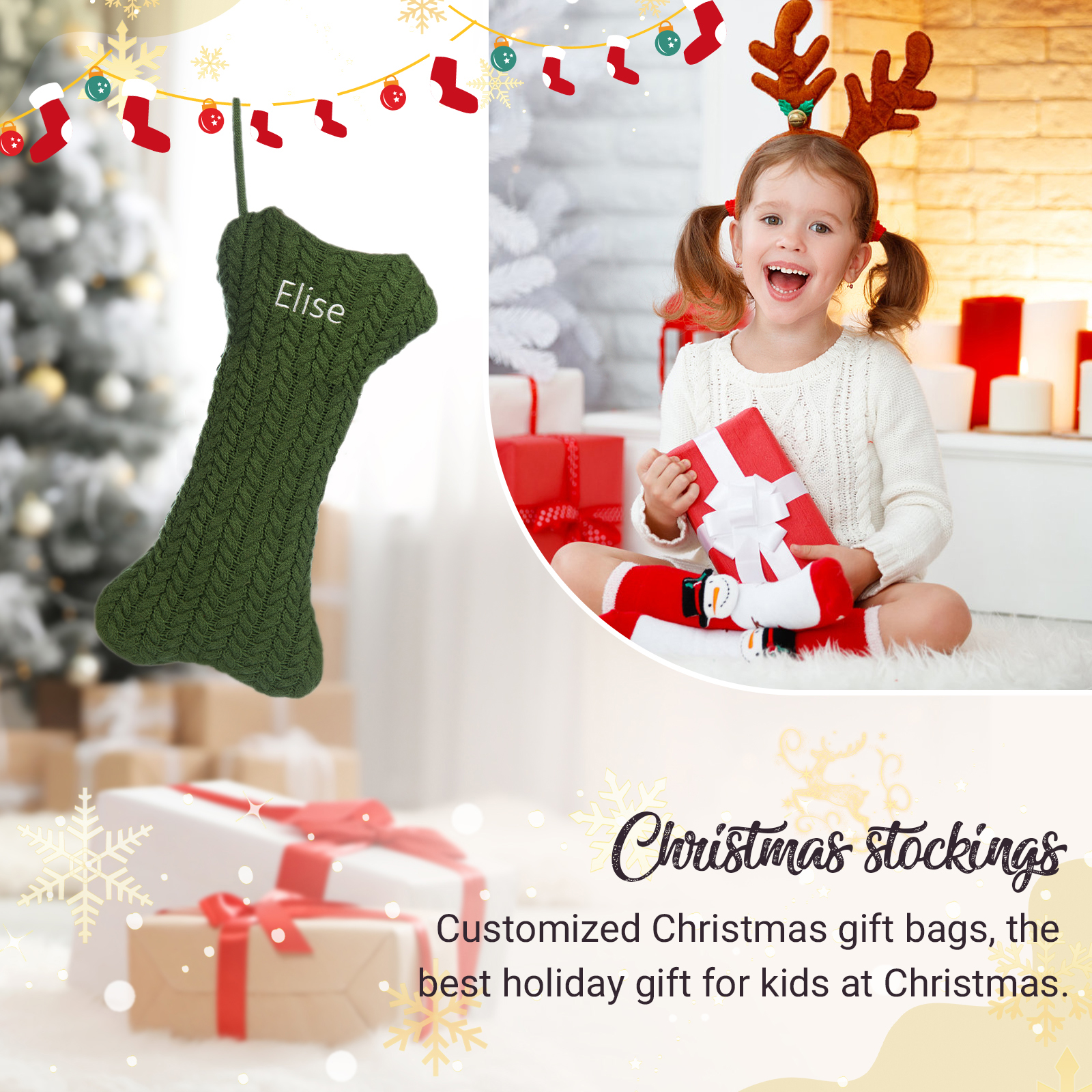 Decorazione Natalizia Personalizzata - Calza di Natale in Tessuto Lavorato a Maglia, Forma di Osso, 3 Colori - Personalizzabile con 1 Nome - Regalo di Natale per Famiglia | Jessemade