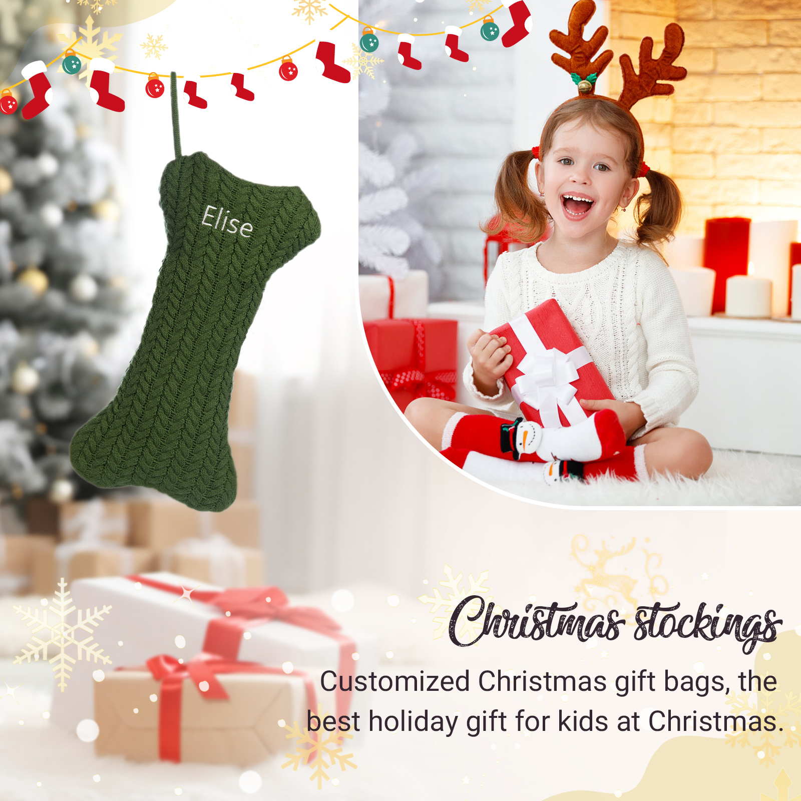Decorazione Natalizia Personalizzata - Calza di Natale in Tessuto Lavorato a Maglia, Forma di Osso, 3 Colori - Personalizzabile con 1 Nome - Regalo di Natale per Famiglia | Jessemade