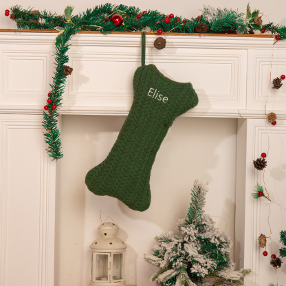 Decorazione Natalizia Personalizzata - Calza di Natale in Tessuto Lavorato a Maglia, Forma di Osso, 3 Colori - Personalizzabile con 1 Nome - Regalo di Natale per Famiglia | Jessemade