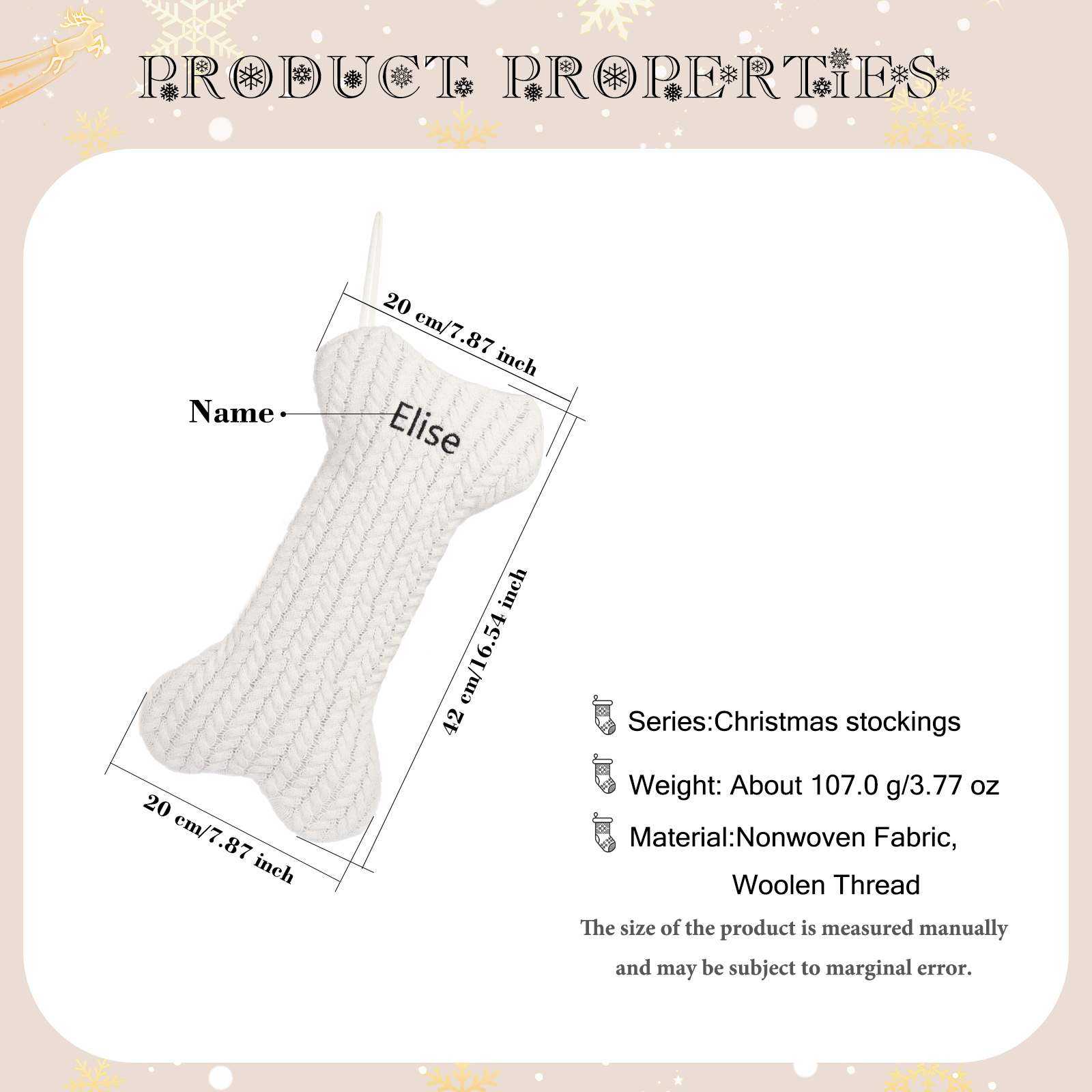 Decorazione Natalizia Personalizzata - Calza di Natale in Tessuto Lavorato a Maglia, Forma di Osso, 3 Colori - Personalizzabile con 1 Nome - Regalo di Natale per Famiglia | Jessemade