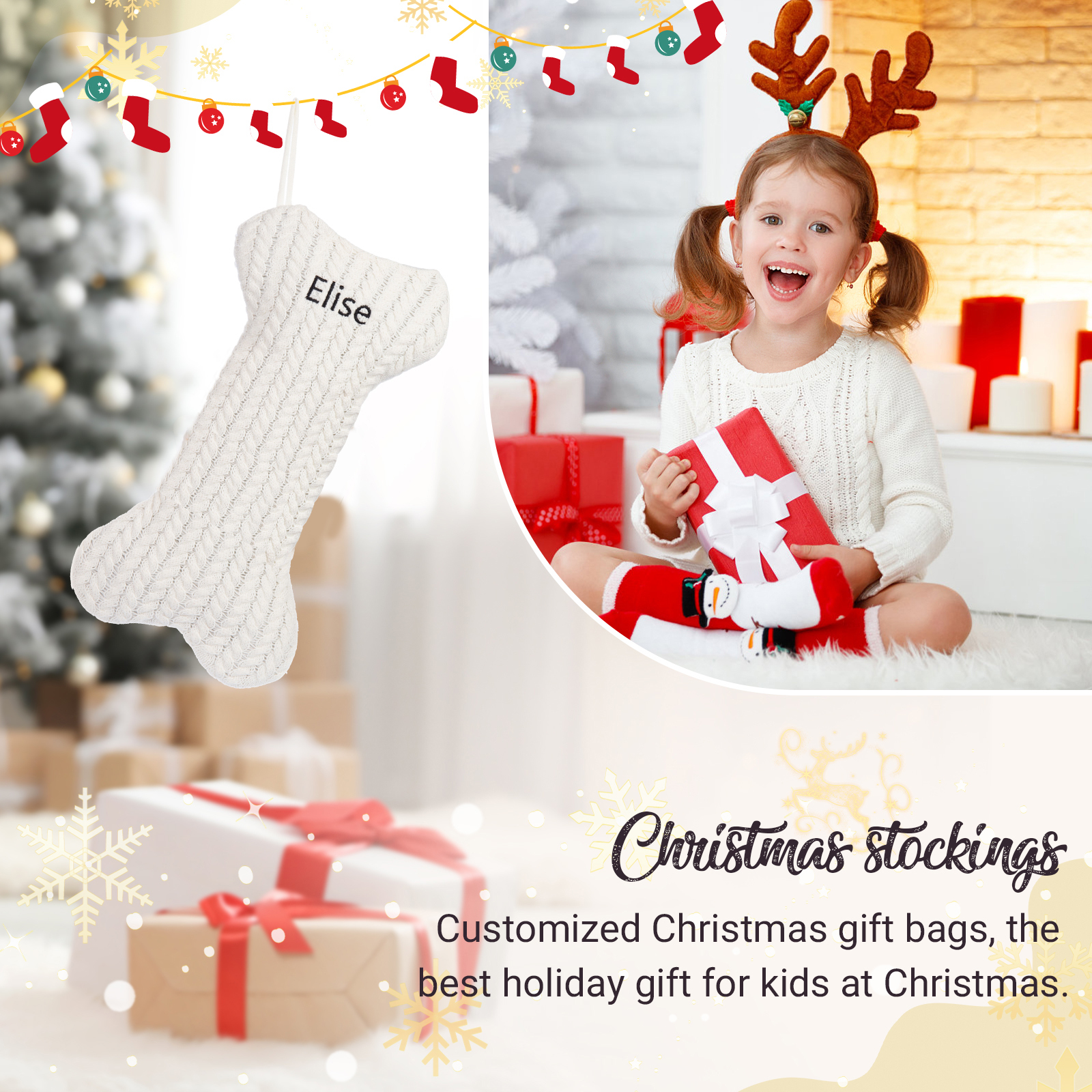 Decorazione Natalizia Personalizzata - Calza di Natale in Tessuto Lavorato a Maglia, Forma di Osso, 3 Colori - Personalizzabile con 1 Nome - Regalo di Natale per Famiglia | Jessemade