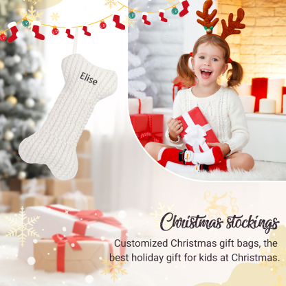 Decorazione Natalizia Personalizzata - Calza di Natale in Tessuto Lavorato a Maglia, Forma di Osso, 3 Colori - Personalizzabile con 1 Nome - Regalo di Natale per Famiglia | Jessemade