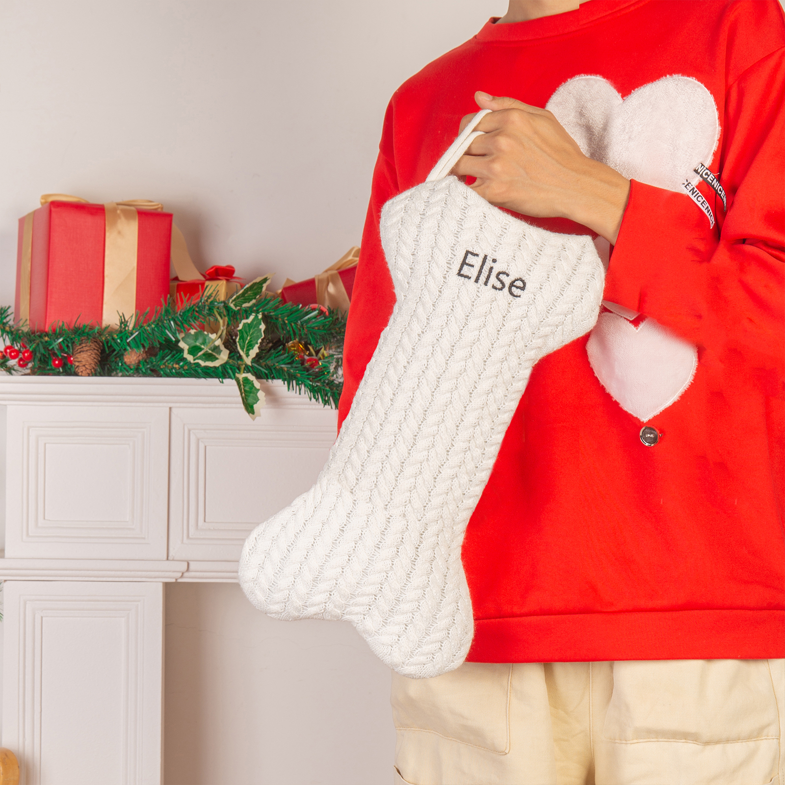 Decorazione Natalizia Personalizzata - Calza di Natale in Tessuto Lavorato a Maglia, Forma di Osso, 3 Colori - Personalizzabile con 1 Nome - Regalo di Natale per Famiglia | Jessemade