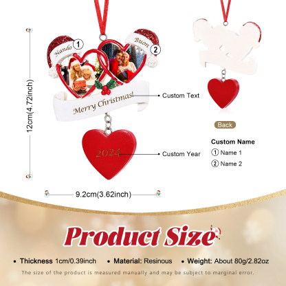 Decorazione Natalizia a Forma di Cuore Personalizzata - 2 Nomi, 2 Foto, Testo e Data - Regalo di Natale Famiglie/Coppie | Jessemade