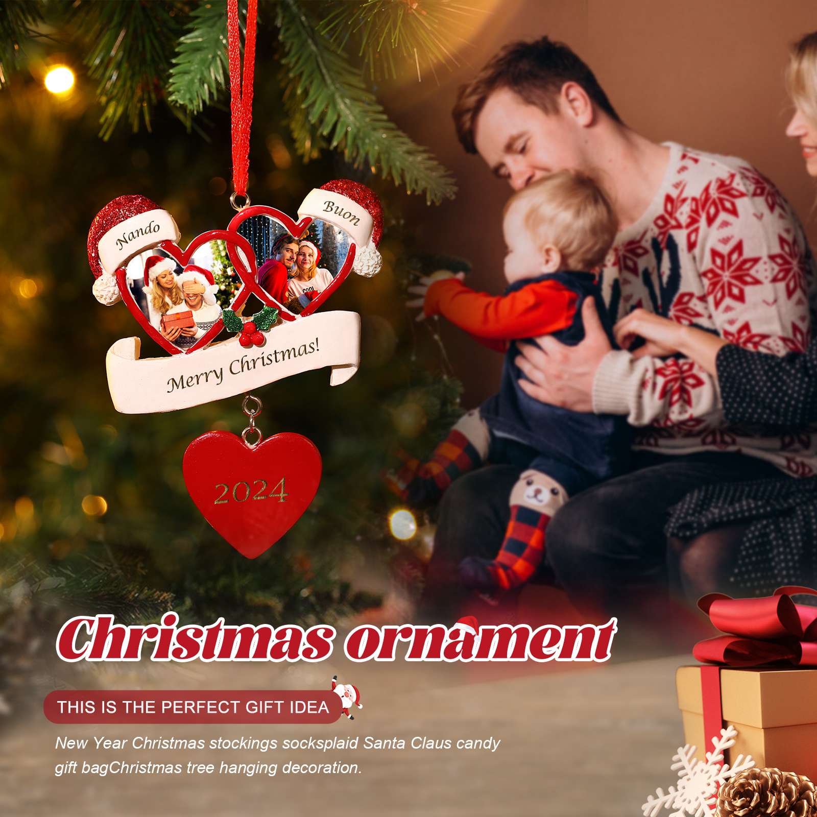 Decorazione Natalizia a Forma di Cuore Personalizzata - 2 Nomi, 2 Foto, Testo e Data - Regalo di Natale Famiglie/Coppie | Jessemade