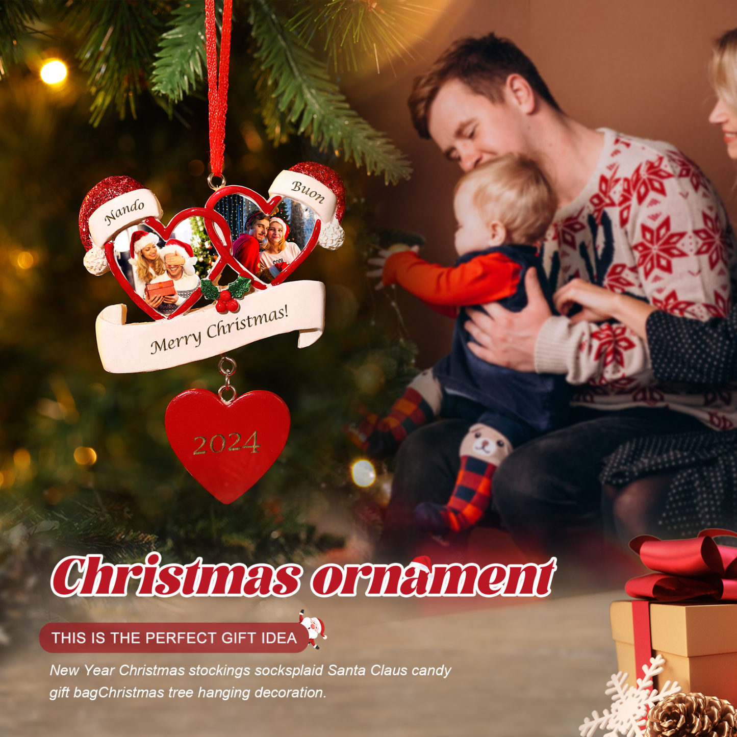 Decorazione Natalizia a Forma di Cuore Personalizzata - 2 Nomi, 2 Foto, Testo e Data - Regalo di Natale Famiglie/Coppie | Jessemade