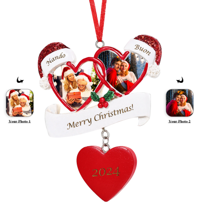 Decorazione Natalizia a Forma di Cuore Personalizzata - 2 Nomi, 2 Foto, Testo e Data - Regalo di Natale Famiglie/Coppie | Jessemade