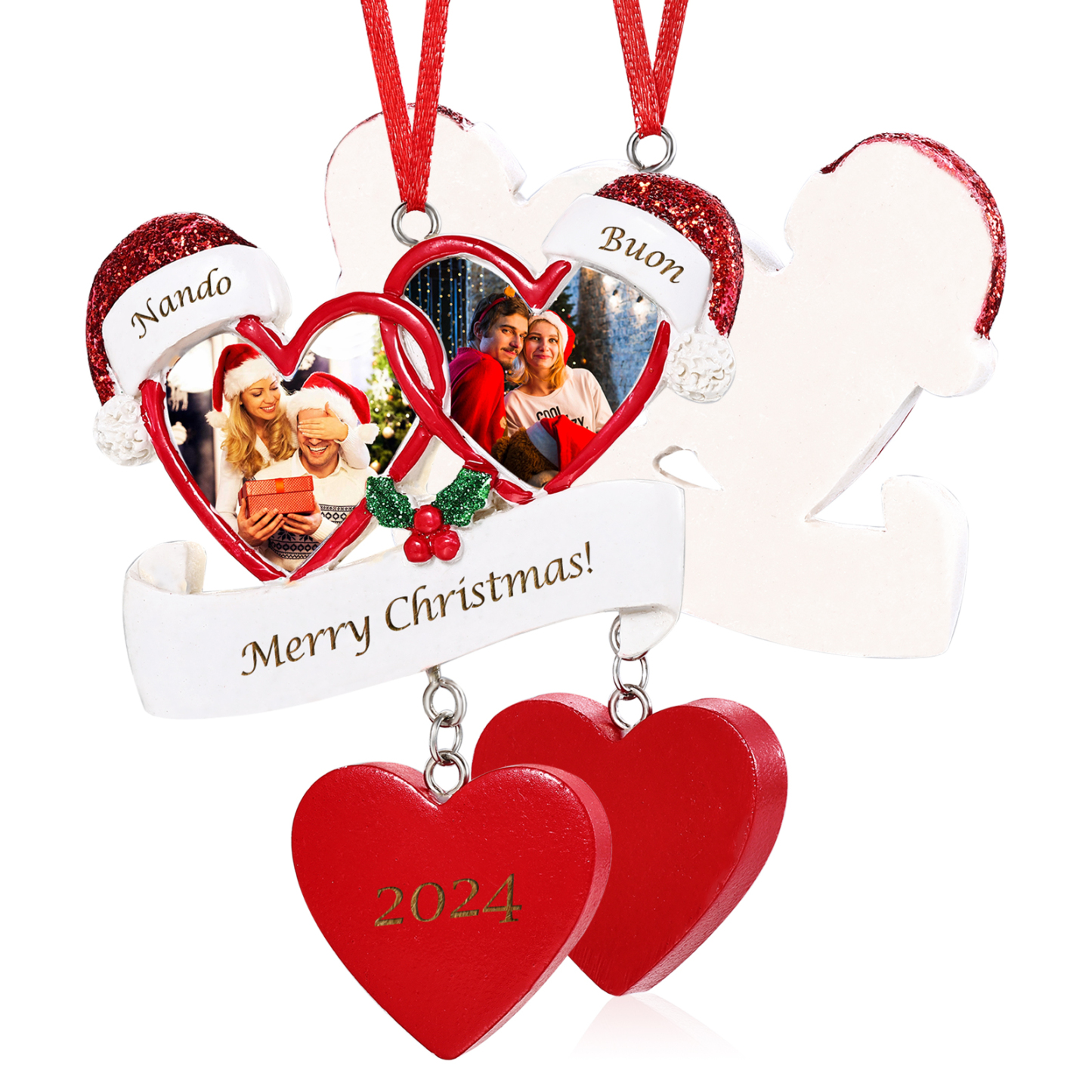 Decorazione Natalizia a Forma di Cuore Personalizzata - 2 Nomi, 2 Foto, Testo e Data - Regalo di Natale Famiglie/Coppie | Jessemade