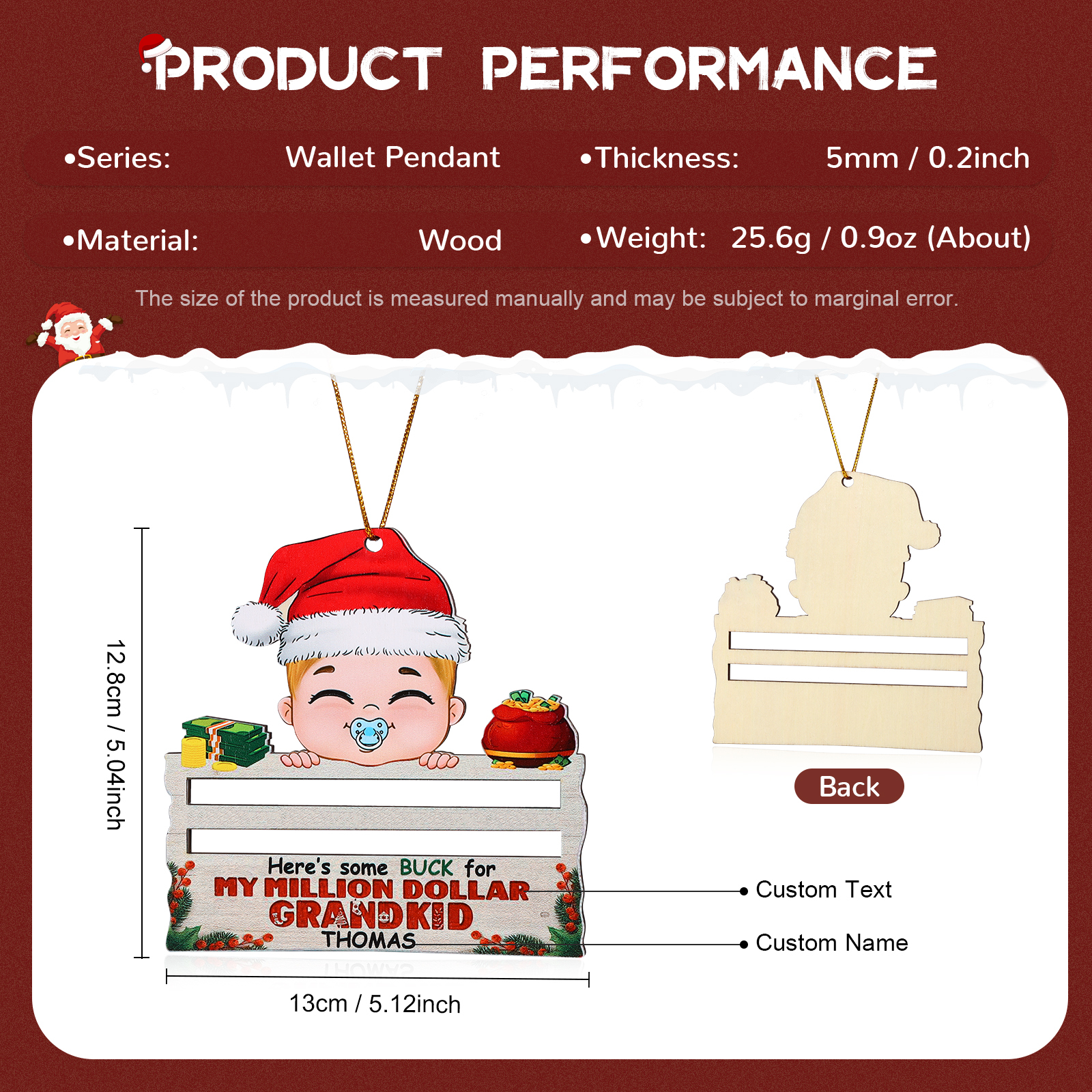 Decorazione Natalizia Personalizzata in Legno - Portafoglio di Personalizzare 1 Nomi e 1 Testo, Porta soldi Baby con Design Festivo, Regalo di Natale per Bambino | Jessemade