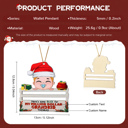 Decorazione Natalizia Personalizzata in Legno - Portafoglio di Personalizzare 1 Nomi e 1 Testo, Porta soldi Baby con Design Festivo, Regalo di Natale per Bambino | Jessemade