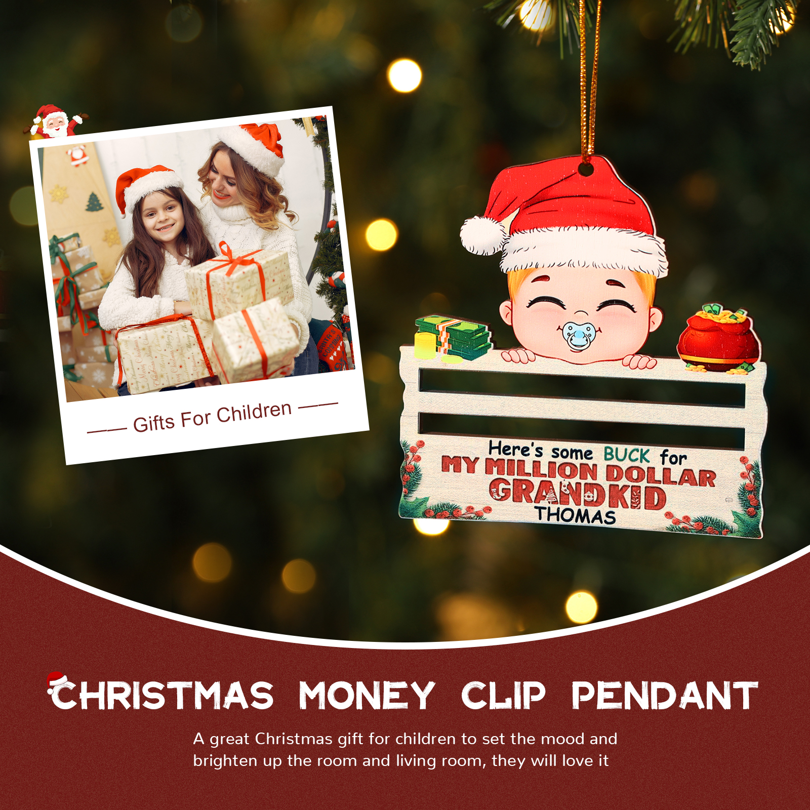 Decorazione Natalizia Personalizzata in Legno - Portafoglio di Personalizzare 1 Nomi e 1 Testo, Porta soldi Baby con Design Festivo, Regalo di Natale per Bambino | Jessemade