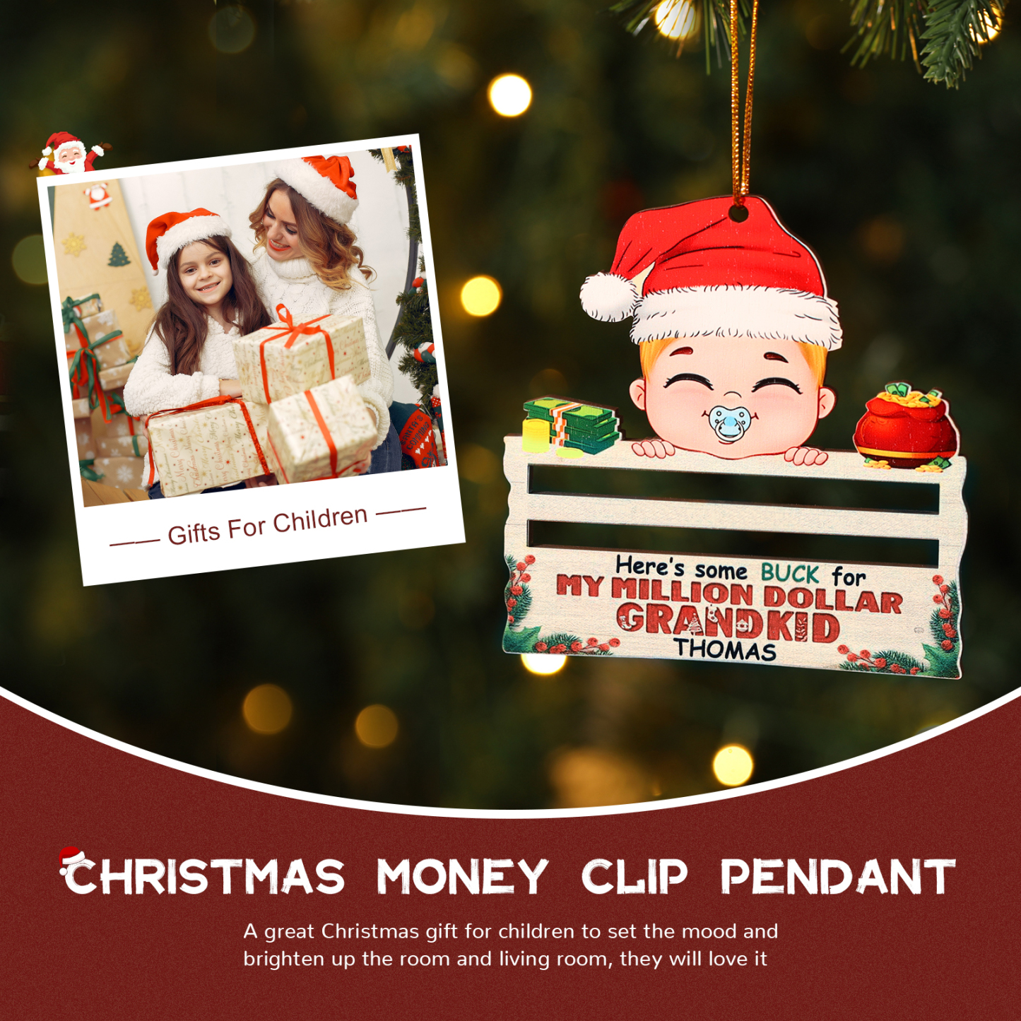 Decorazione Natalizia Personalizzata in Legno - Portafoglio di Personalizzare 1 Nomi e 1 Testo, Porta soldi Baby con Design Festivo, Regalo di Natale per Bambino | Jessemade