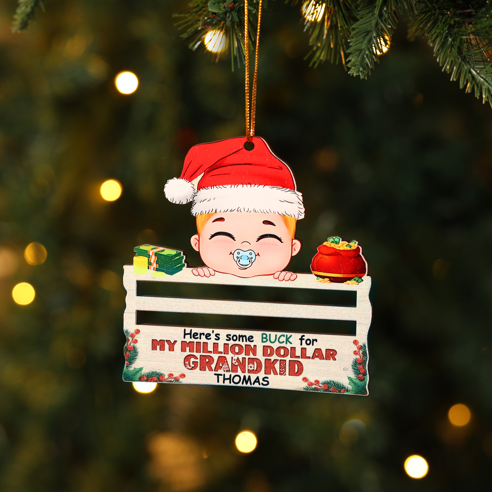 Decorazione Natalizia Personalizzata in Legno - Portafoglio di Personalizzare 1 Nomi e 1 Testo, Porta soldi Baby con Design Festivo, Regalo di Natale per Bambino | Jessemade