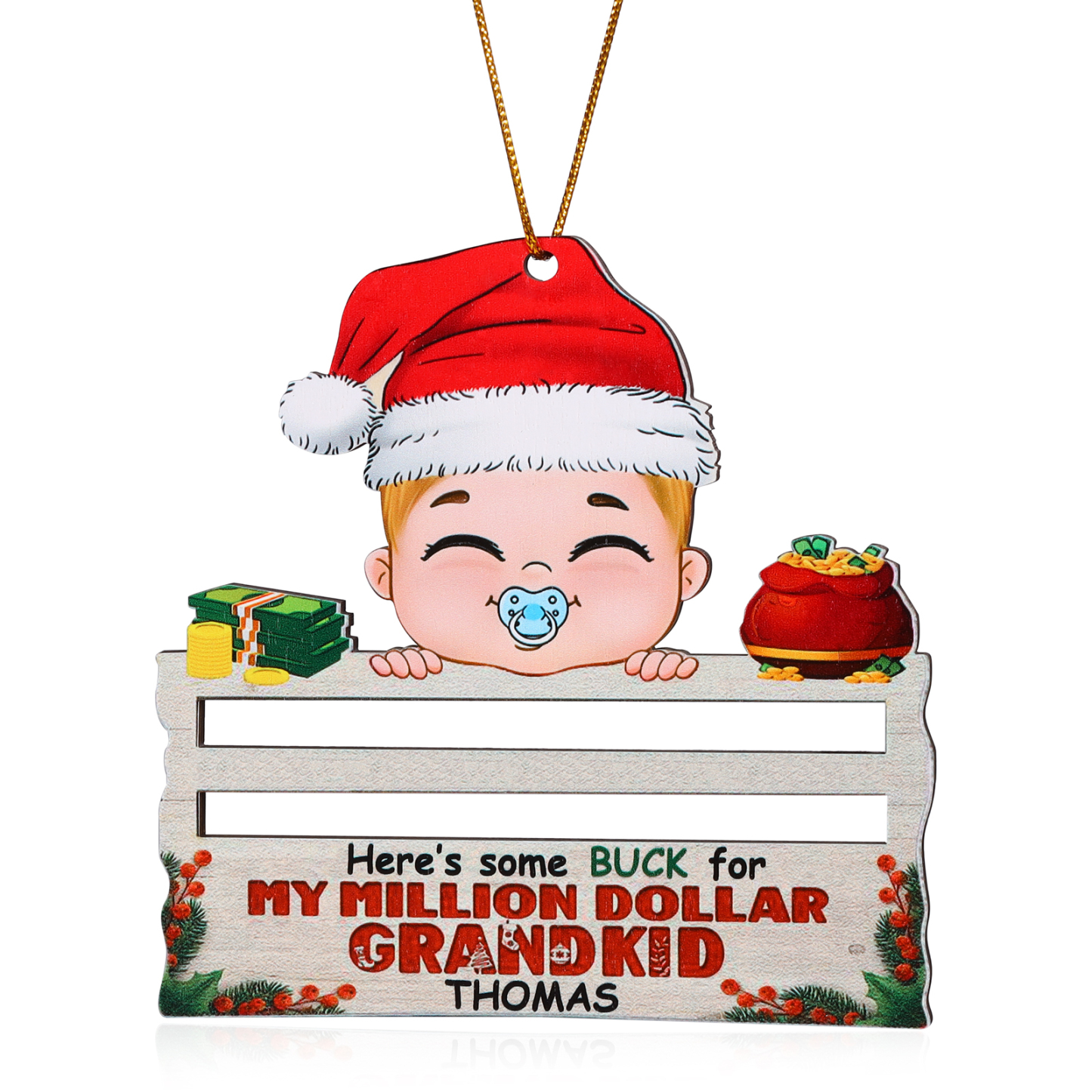 Decorazione Natalizia Personalizzata in Legno - Portafoglio di Personalizzare 1 Nomi e 1 Testo, Porta soldi Baby con Design Festivo, Regalo di Natale per Bambino | Jessemade