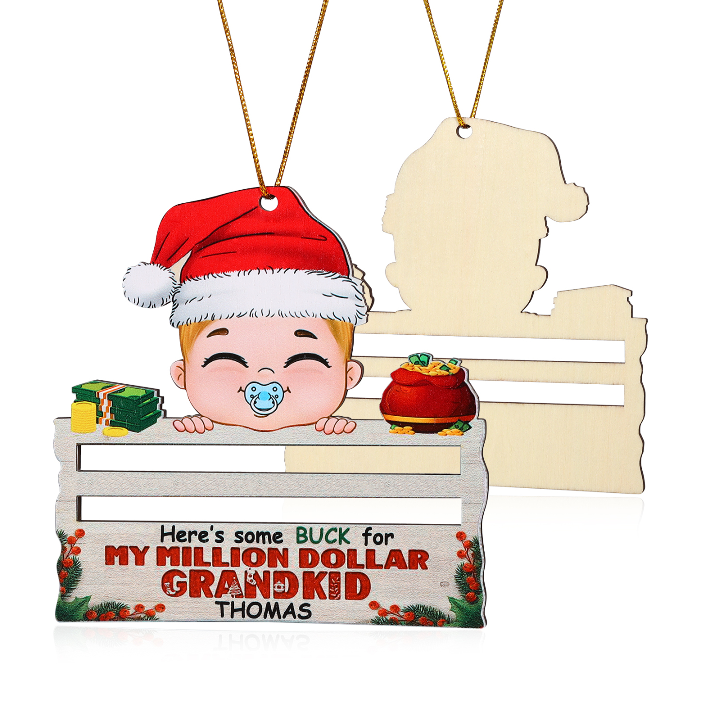 Decorazione Natalizia Personalizzata in Legno - Portafoglio di Personalizzare 1 Nomi e 1 Testo, Porta soldi Baby con Design Festivo, Regalo di Natale per Bambino | Jessemade
