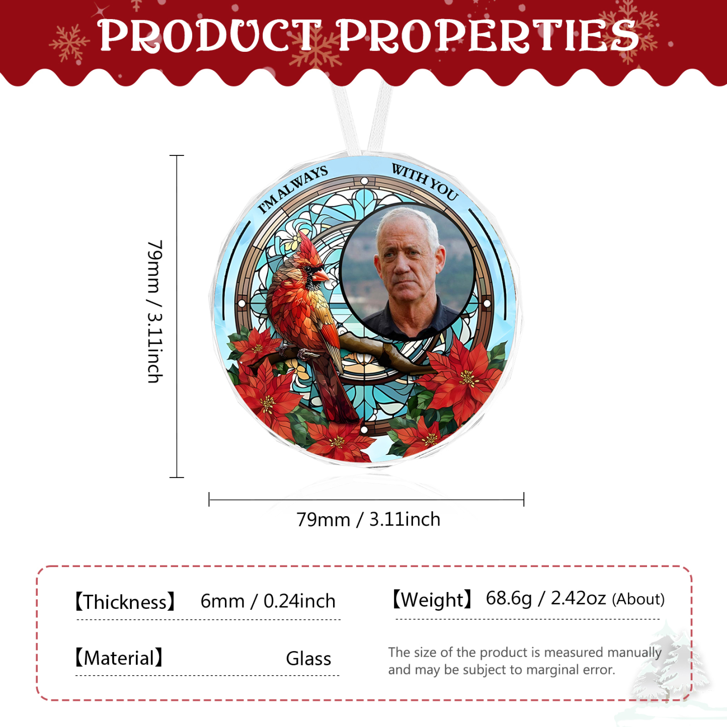 Decorazione Natalizia Rotonda in Vetro Personalizzata - 2 Testi e 1 Foto - Regalo di Natale per la Famiglia | Jessemade