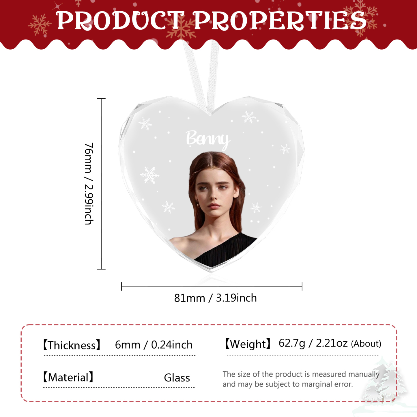 Decorazione Natalizia in Vetro a Forma di Cuore Personalizzata - 1 Nome e 1 Foto - Regalo di Natale per la Famiglia | Jessemade