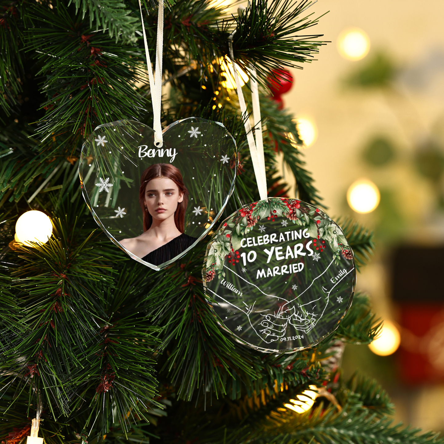 Decorazione Natalizia in Vetro a Forma di Cuore Personalizzata - 1 Nome e 1 Foto - Regalo di Natale per la Famiglia | Jessemade