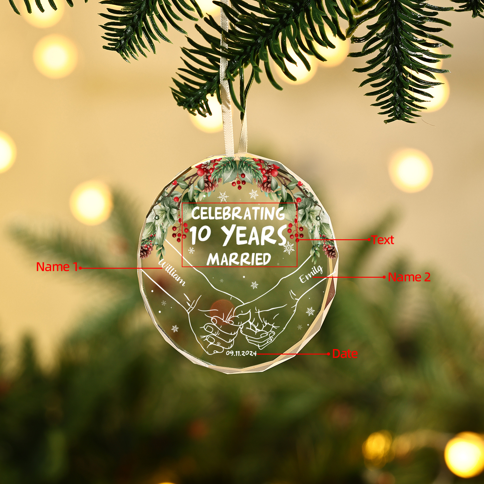 Decorazione Natalizia in Vetro Rotonda Personalizzata - 2 Nomi, 1 Testo e Data, Design Mano nella Mano - Regalo di Natale per Lei/Lui | Jessemade