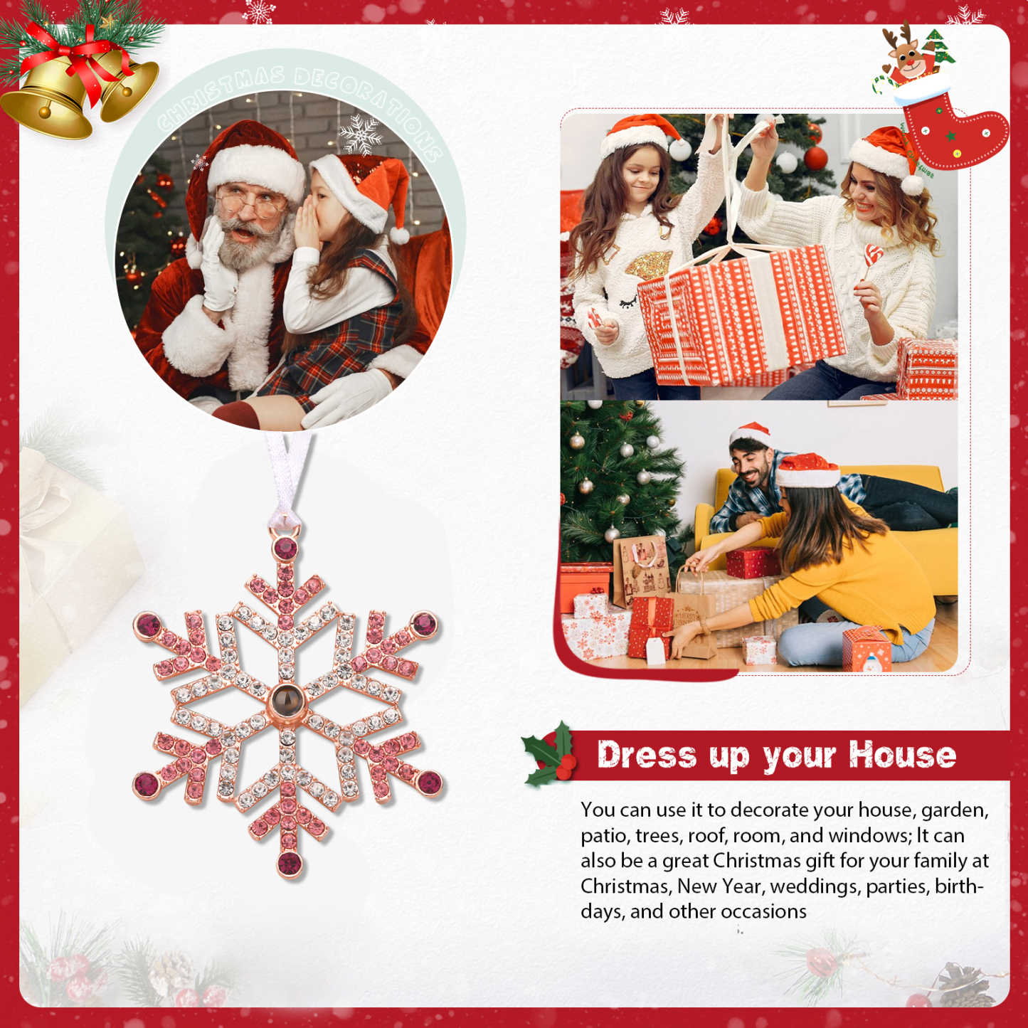 Decorazione Natalizia in Lega Personalizza 1 Foto,  a Forma di Fiocco di Neve - Proiezione Fotografica -Regalo di Natale per Famiglia | Jessemade